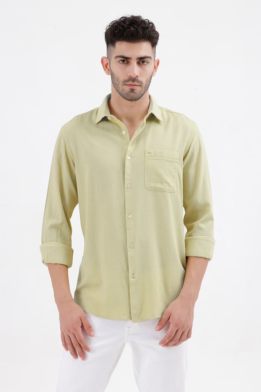 BASICS SLIM FIT ALOE GREEN COTTON VISCOSE DOBBY SHIRT