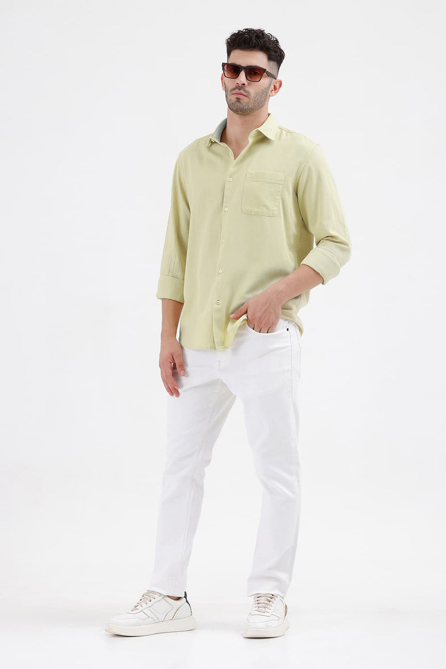 BASICS SLIM FIT ALOE GREEN COTTON VISCOSE DOBBY SHIRT