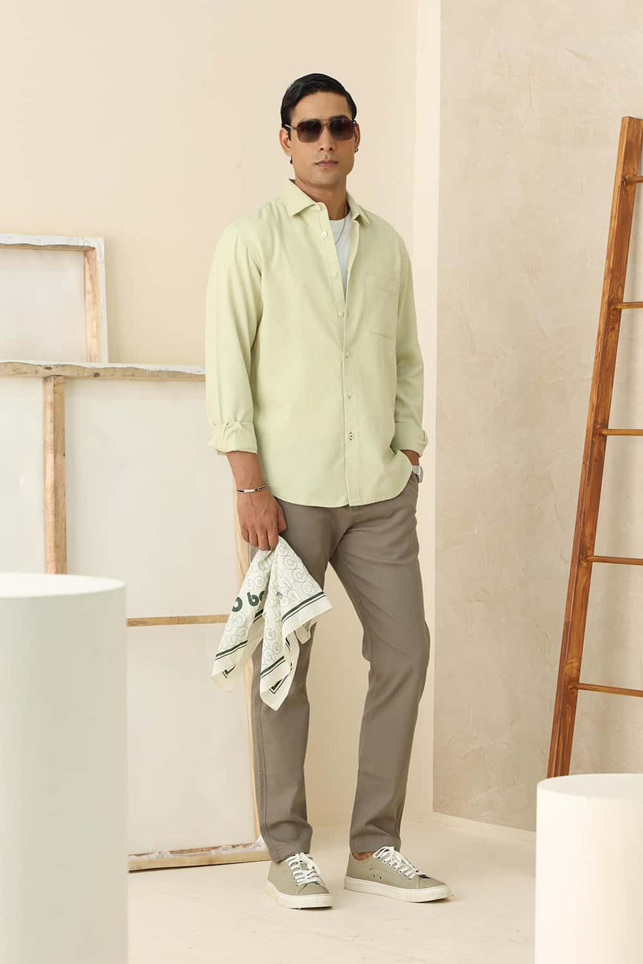 BASICS SLIM FIT ALOE GREEN COTTON VISCOSE DOBBY SHIRT