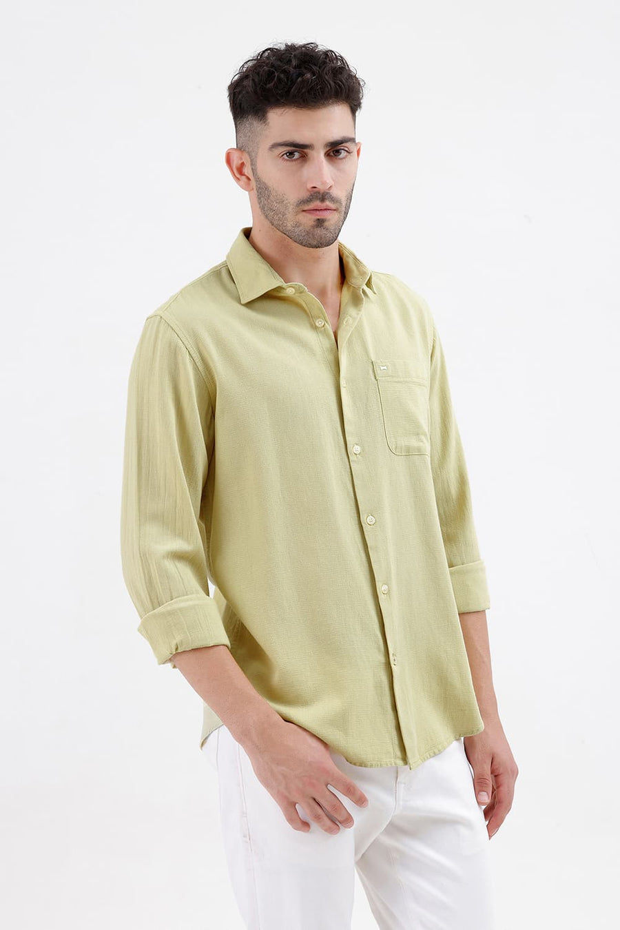 BASICS SLIM FIT ALOE GREEN COTTON VISCOSE DOBBY SHIRT