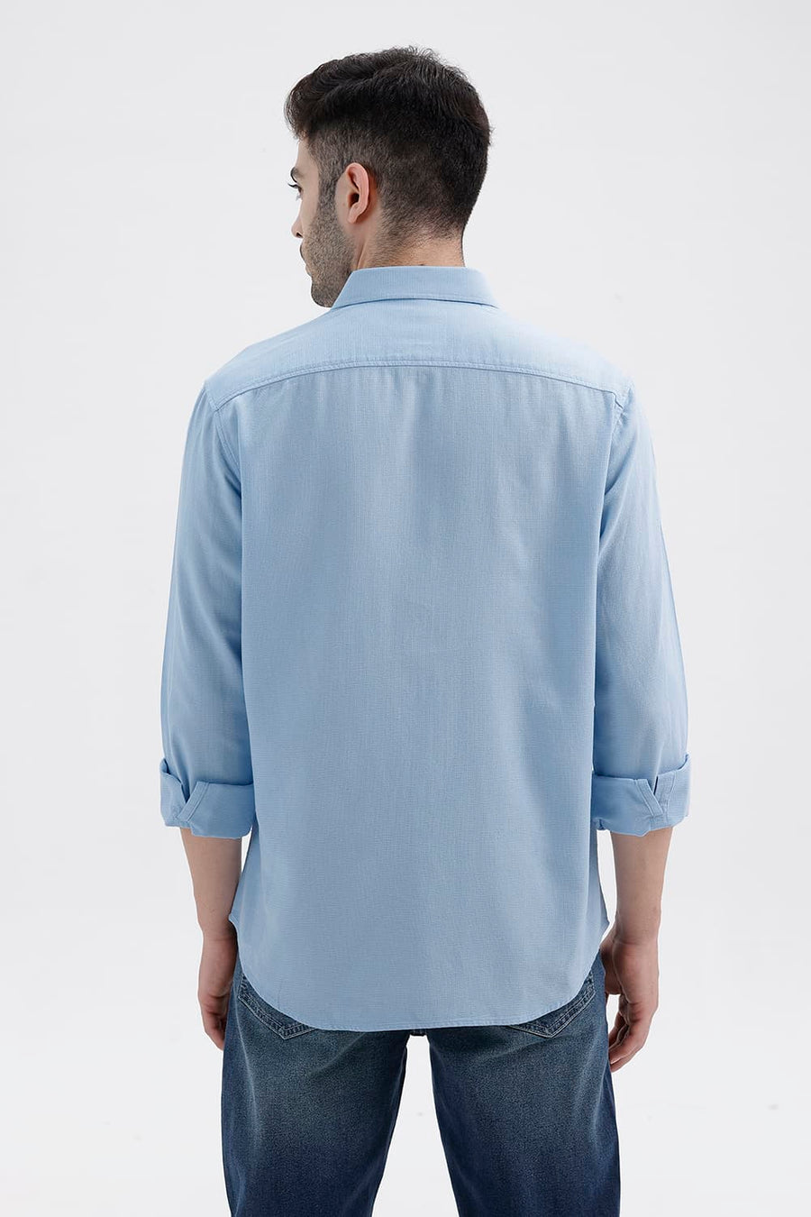BASICS SLIM FIT SUMMER BLUE COTTON VISCOSE DOBBY SHIRT