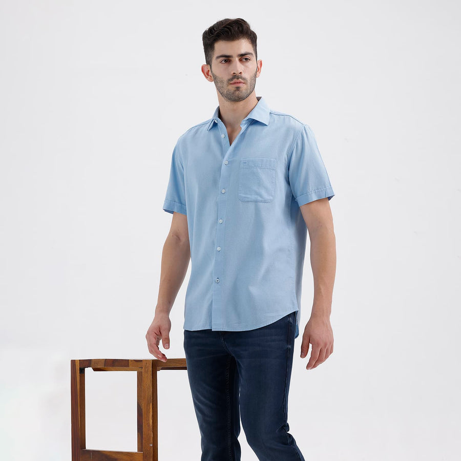 BASICS SLIM FIT SUMMER BLUE COTTON VISCOSE DOBBY HALFSLEEVES SHIRT