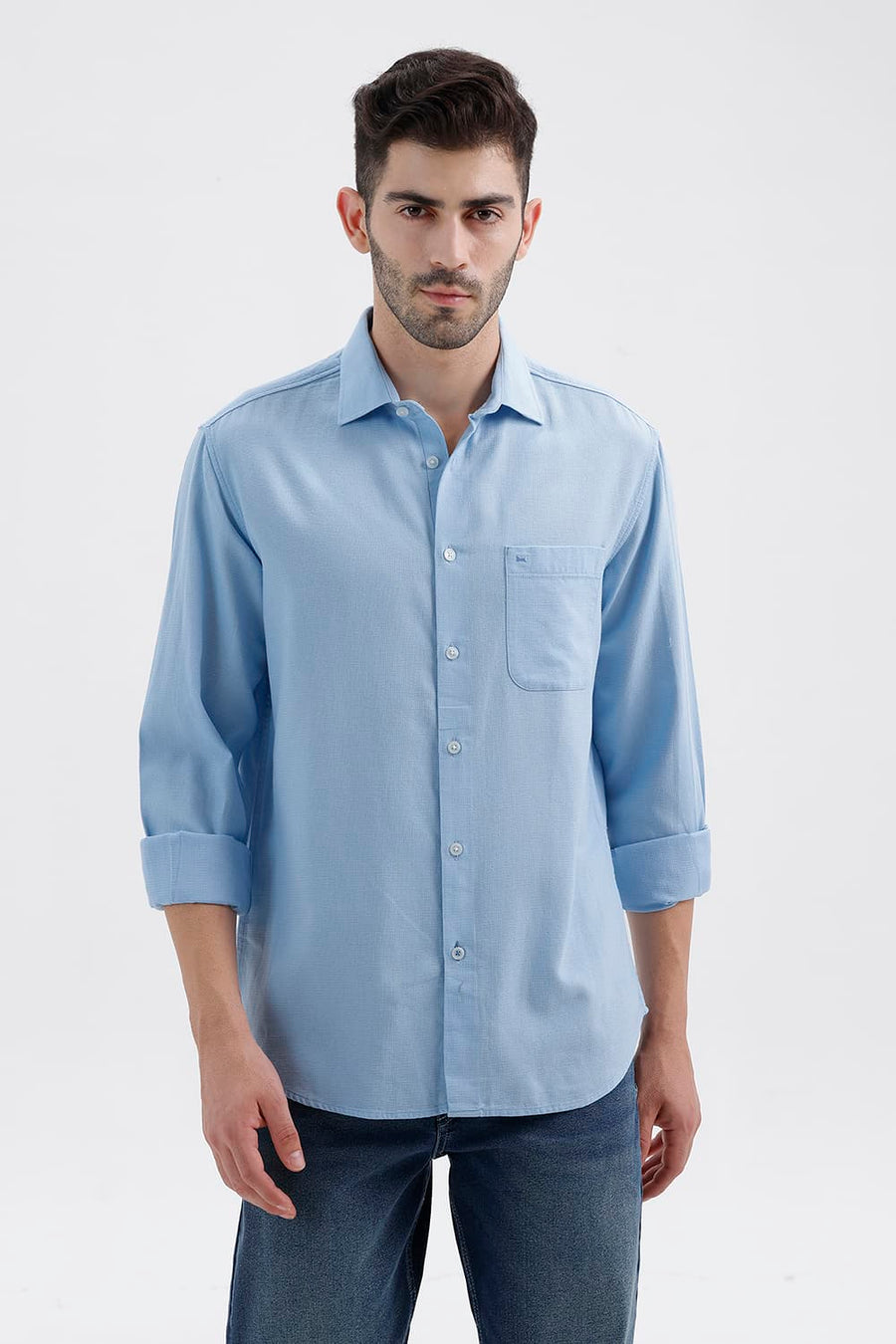 BASICS SLIM FIT SUMMER BLUE COTTON VISCOSE DOBBY SHIRT