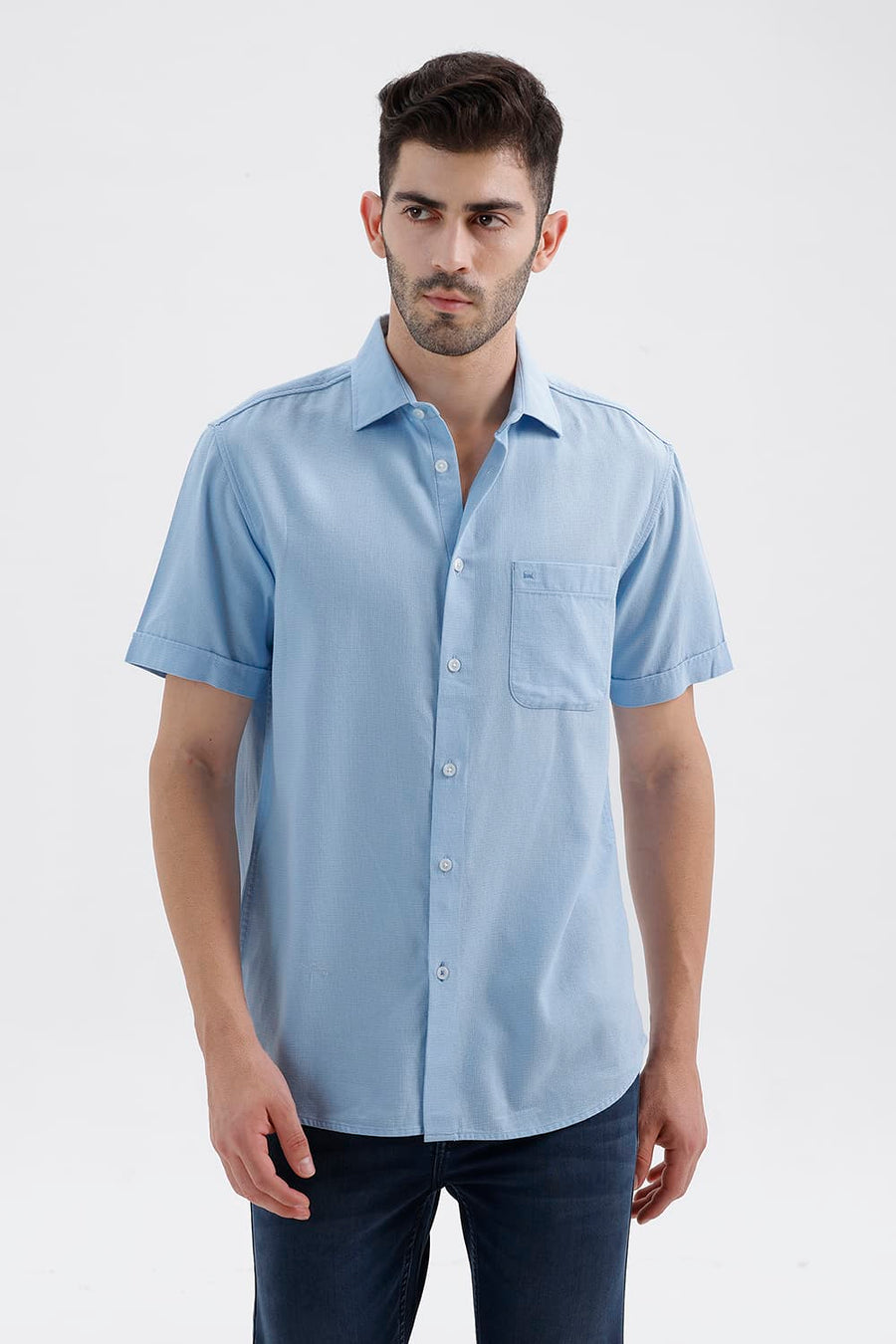 BASICS SLIM FIT SUMMER BLUE COTTON VISCOSE DOBBY HALFSLEEVES SHIRT
