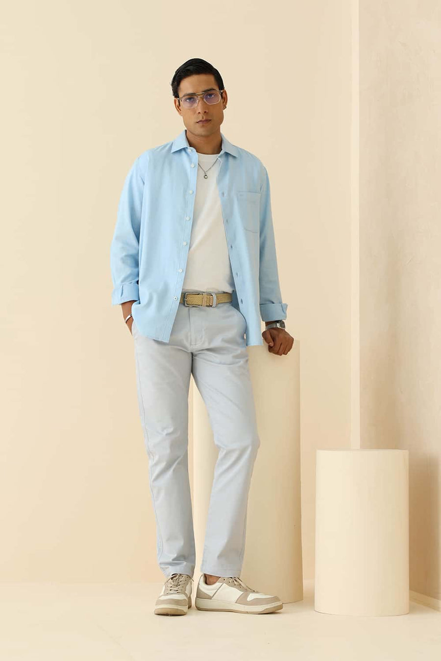 Basics Slim Fit Summer Blue Cotton Viscose Dobby Shirt