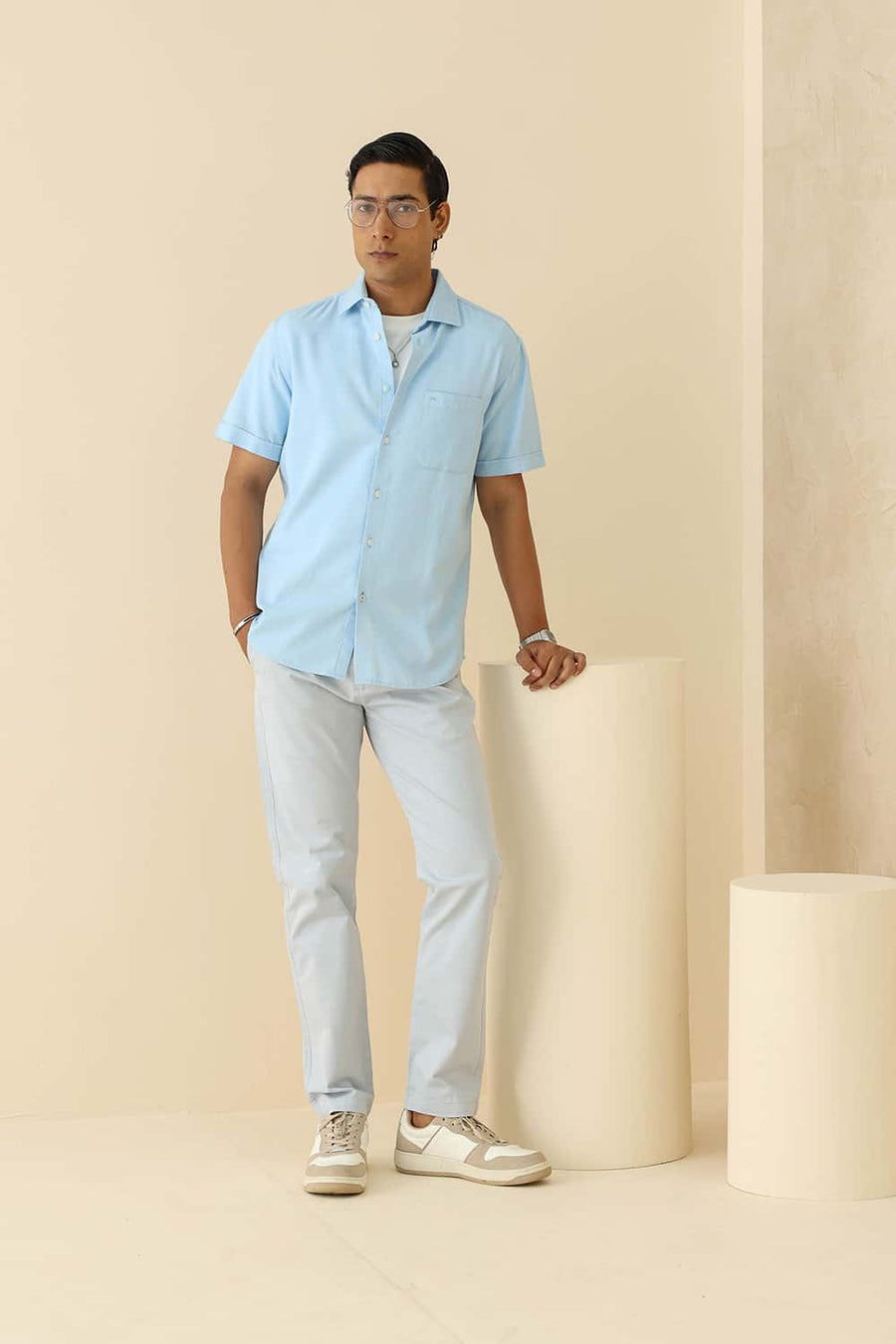 Basics Slim Fit Summer Blue Cotton Viscose Dobby Halfsleeves Shirt