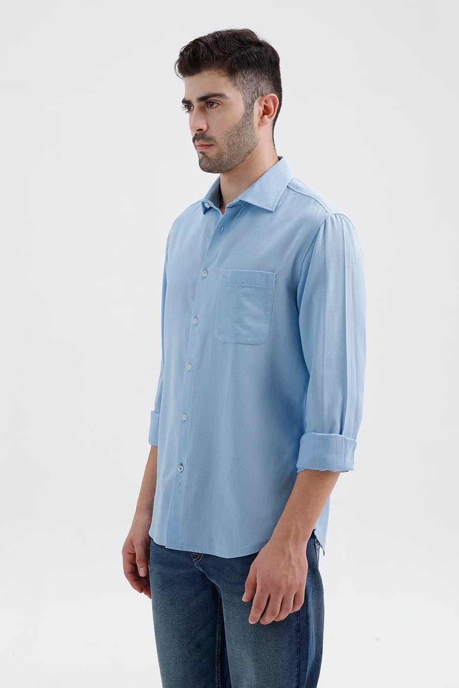 BASICS SLIM FIT SUMMER BLUE COTTON VISCOSE DOBBY SHIRT