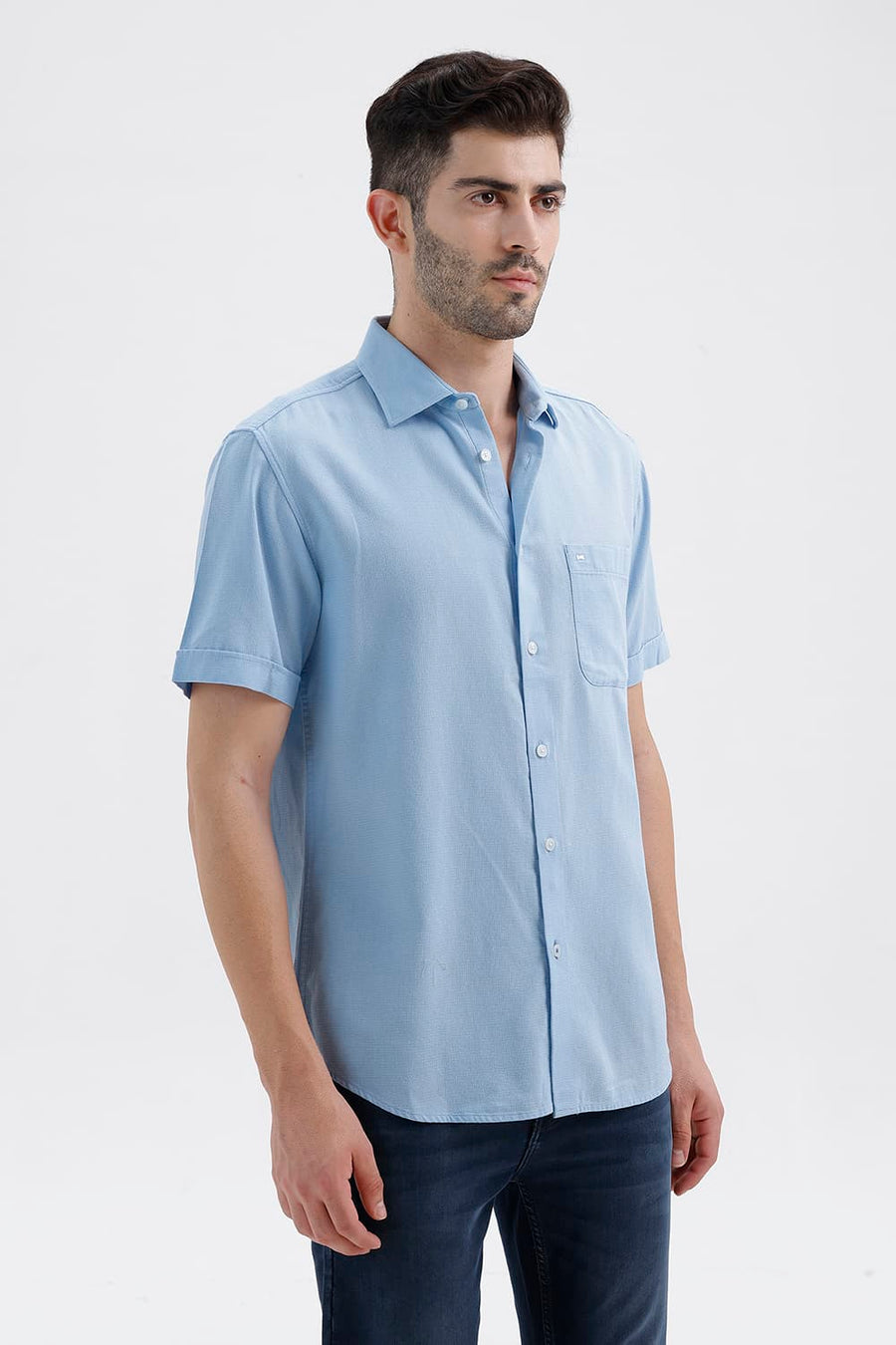 BASICS SLIM FIT SUMMER BLUE COTTON VISCOSE DOBBY HALFSLEEVES SHIRT