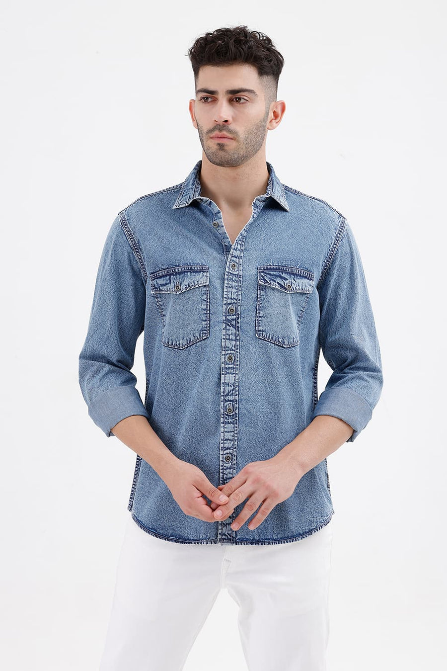 BASICS SLIM FIT CAPTAINS BLUE COTTON INDIGO SHIRT
