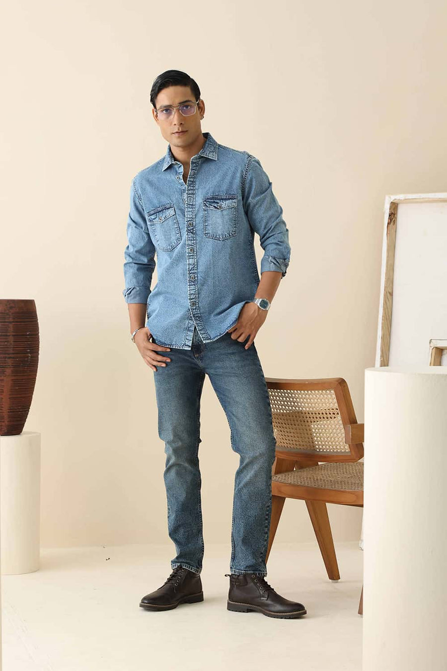 Basics Slim Fit Captains Blue Cotton Indigo Shirt
