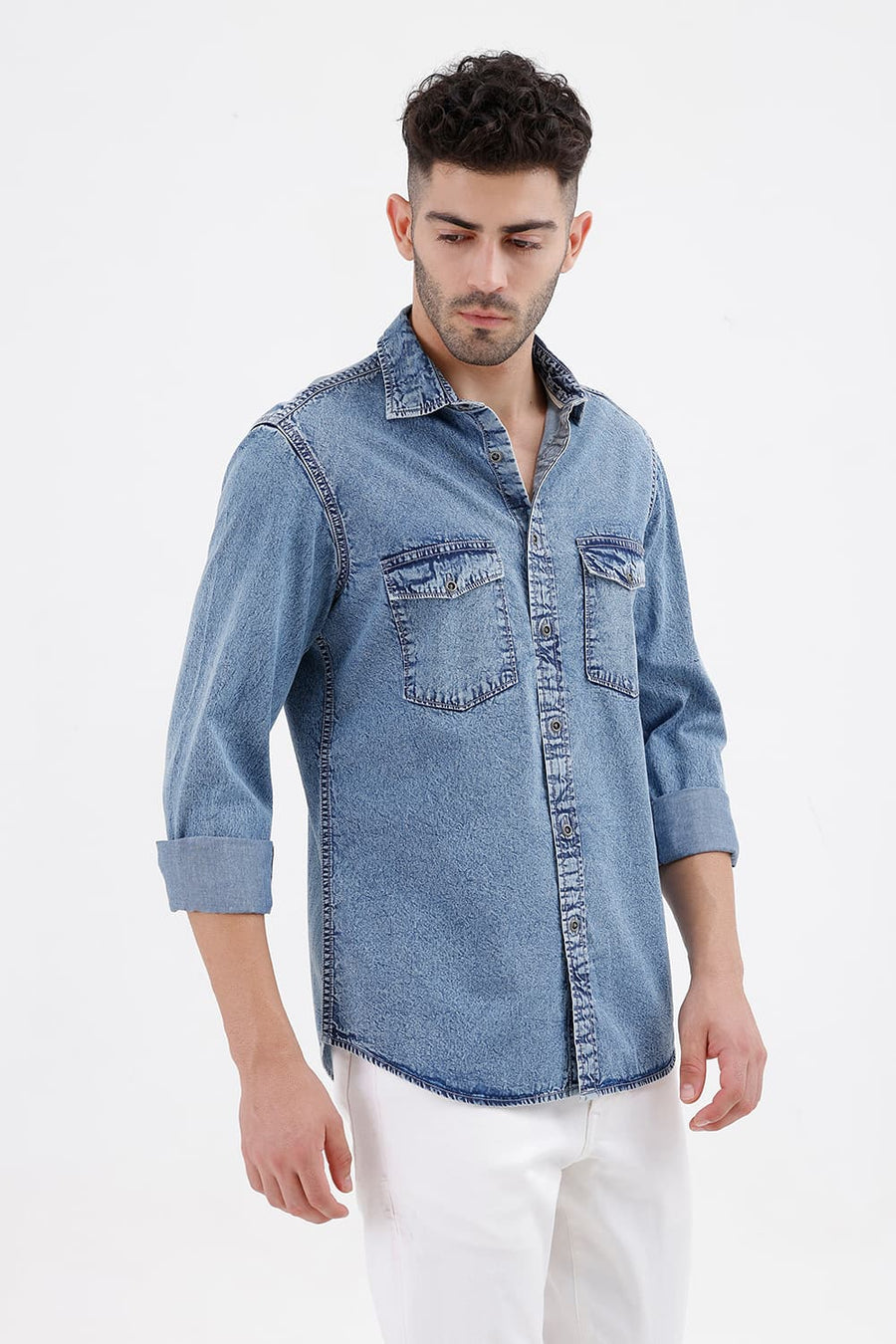 BASICS SLIM FIT CAPTAINS BLUE COTTON INDIGO SHIRT