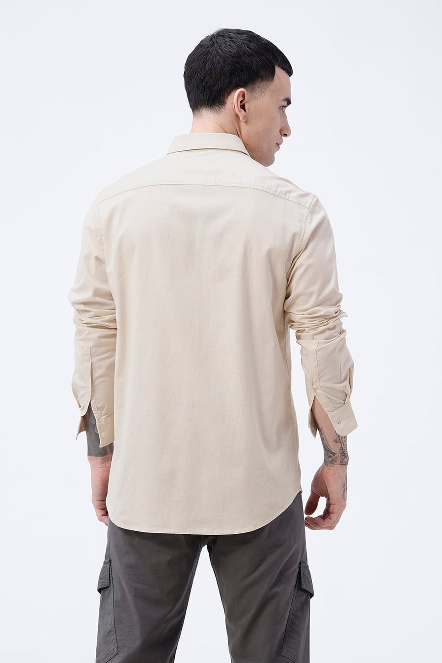 BASICS SLIM FIT ALMOND BEIGE COTTON LINEN SHIRT