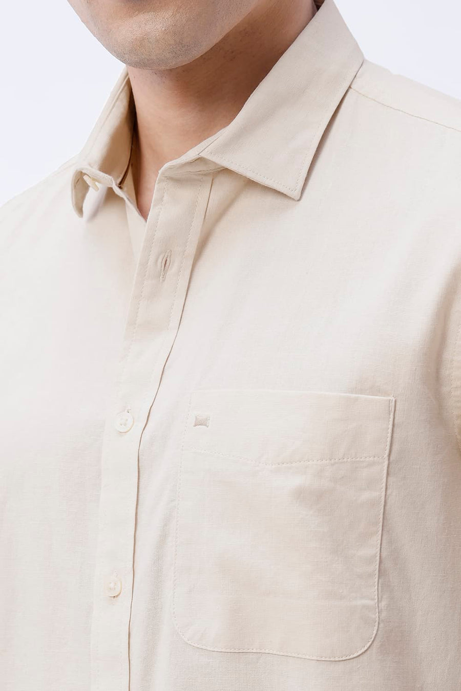 BASICS SLIM FIT ALMOND BEIGE COTTON LINEN SHIRT