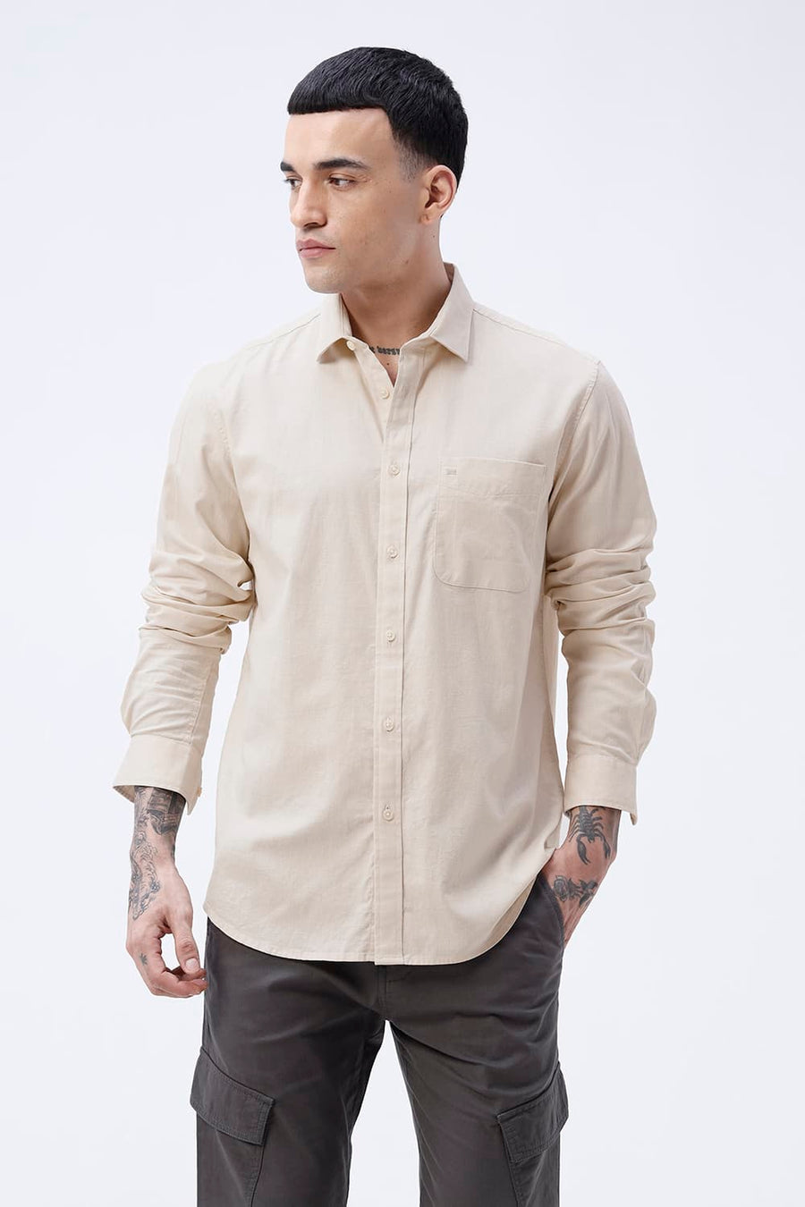 BASICS SLIM FIT ALMOND BEIGE COTTON LINEN SHIRT