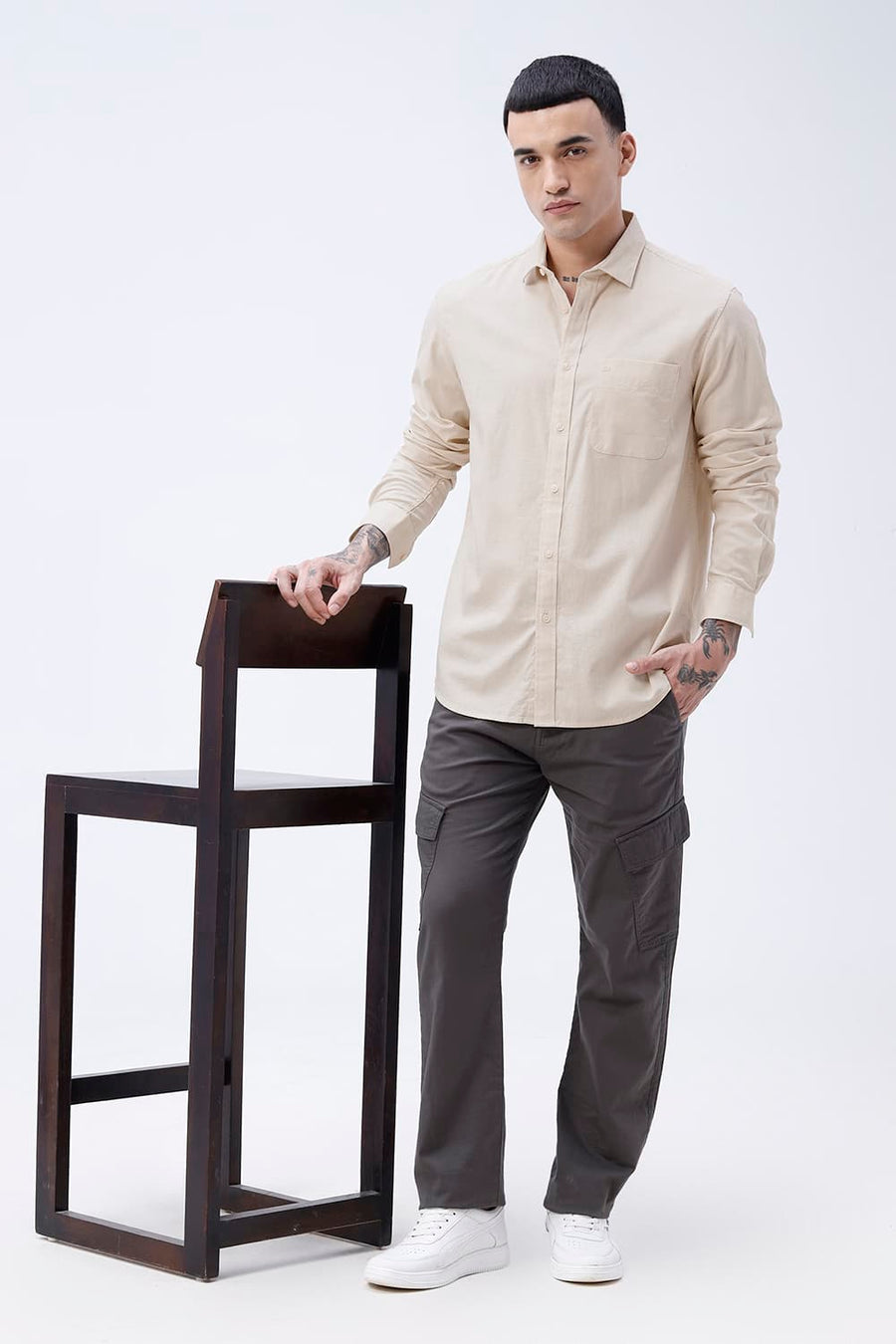 BASICS SLIM FIT ALMOND BEIGE COTTON LINEN SHIRT