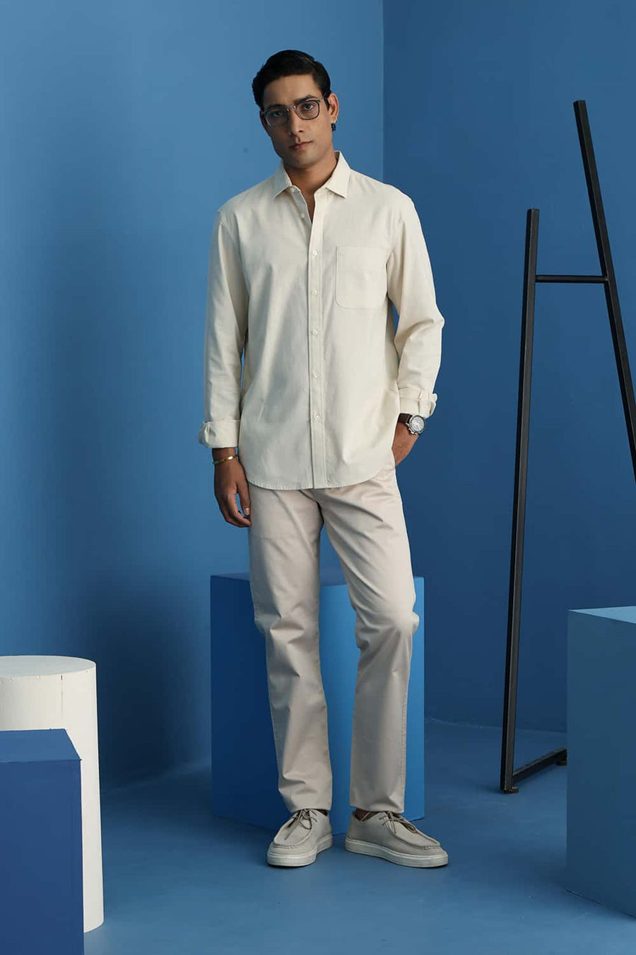 BASICS SLIM FIT ALMOND BEIGE COTTON LINEN SHIRT