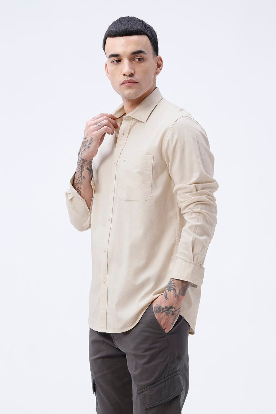 BASICS SLIM FIT ALMOND BEIGE COTTON LINEN SHIRT