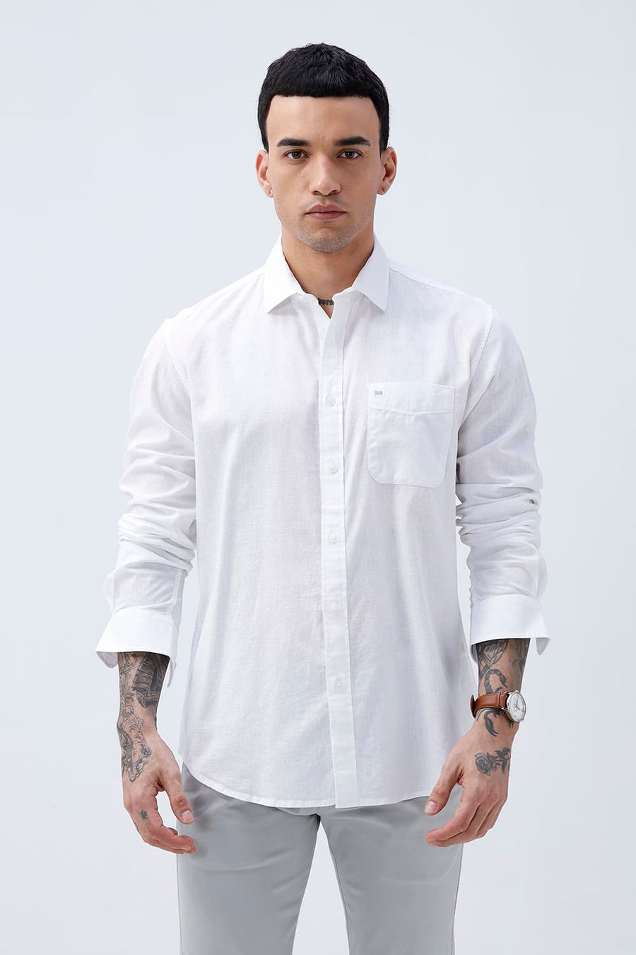 BASICS SLIM FIT LUCENT WHITE COTTON LINEN SHIRT