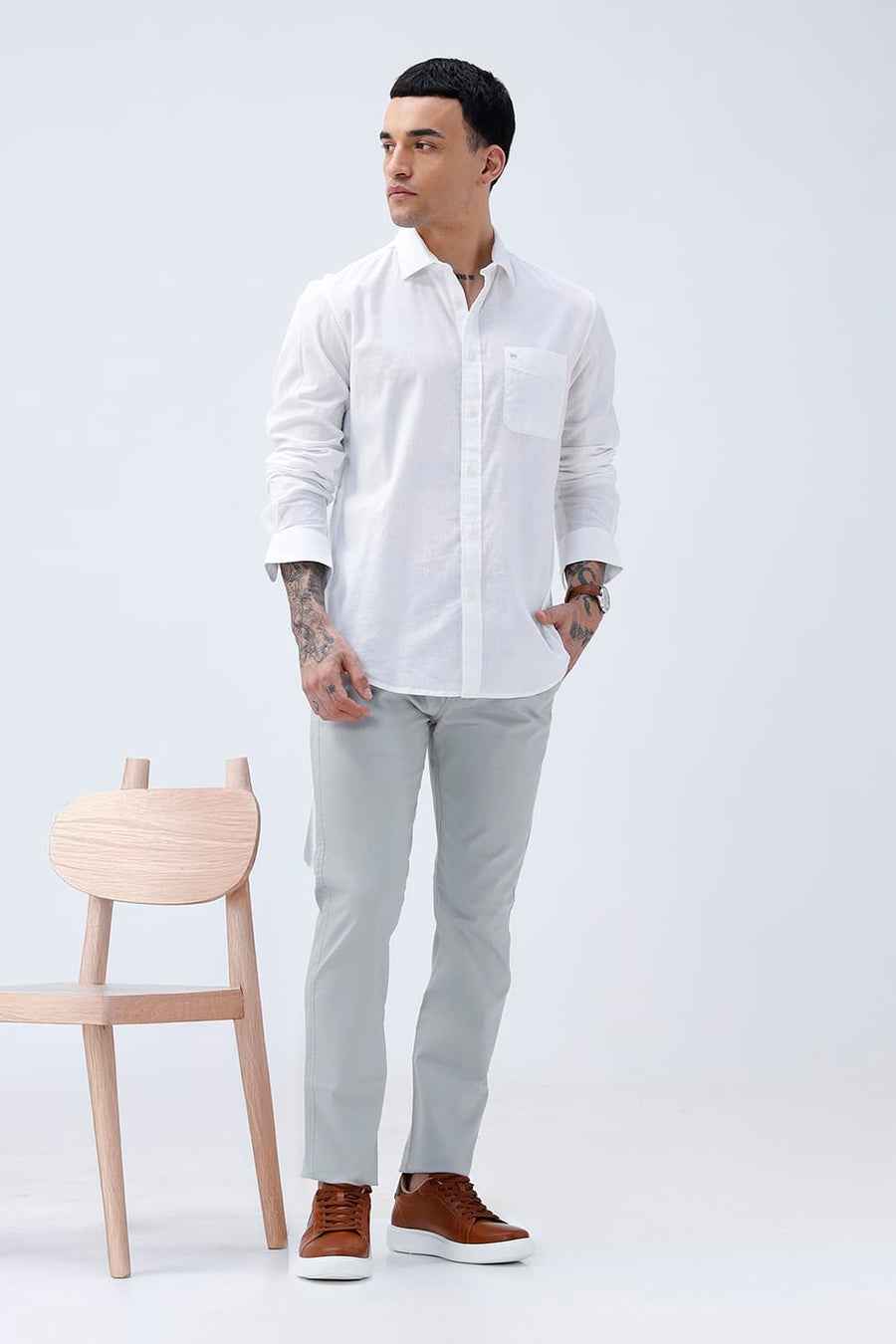BASICS SLIM FIT LUCENT WHITE COTTON LINEN SHIRT