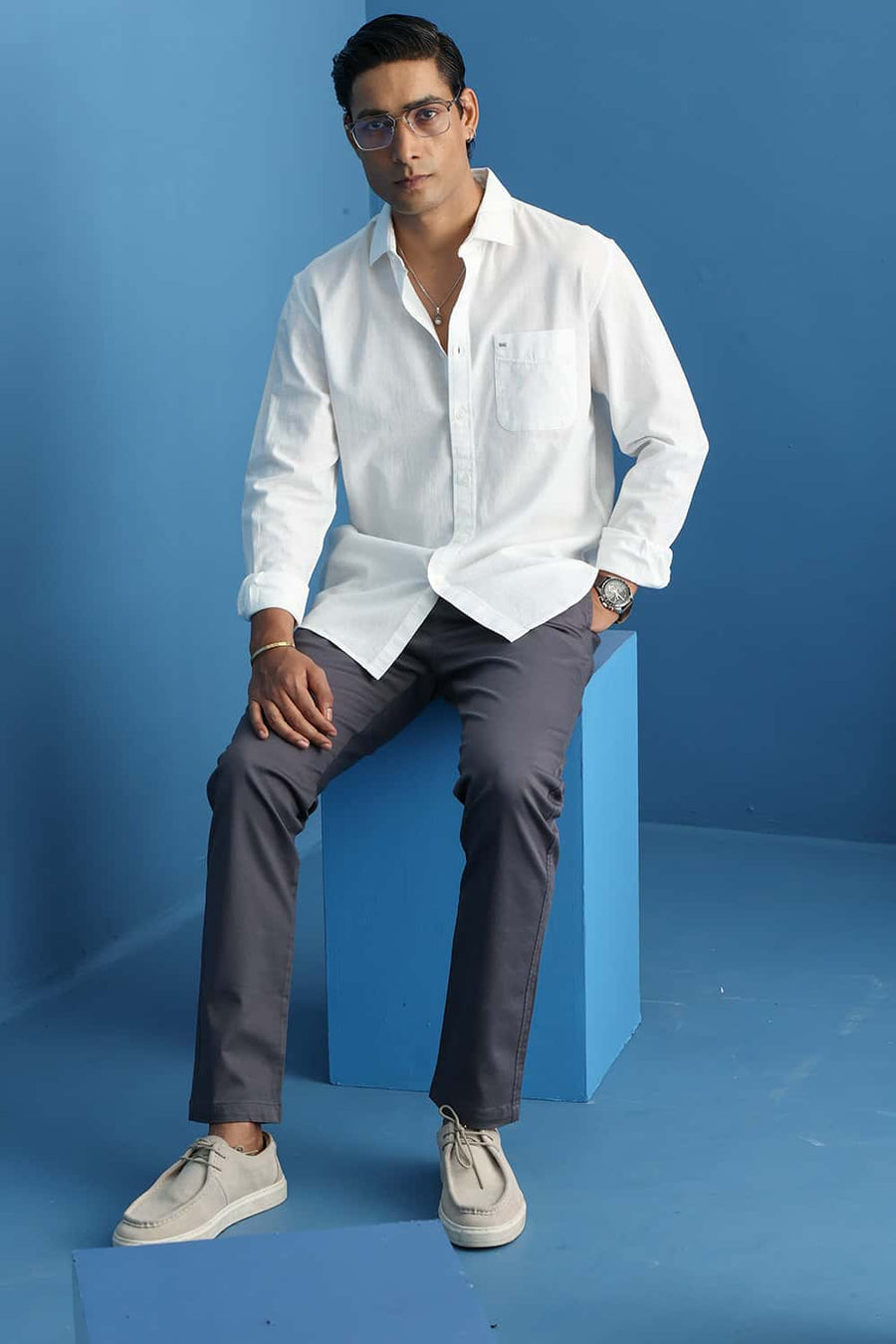 BASICS SLIM FIT LUCENT WHITE COTTON LINEN SHIRT