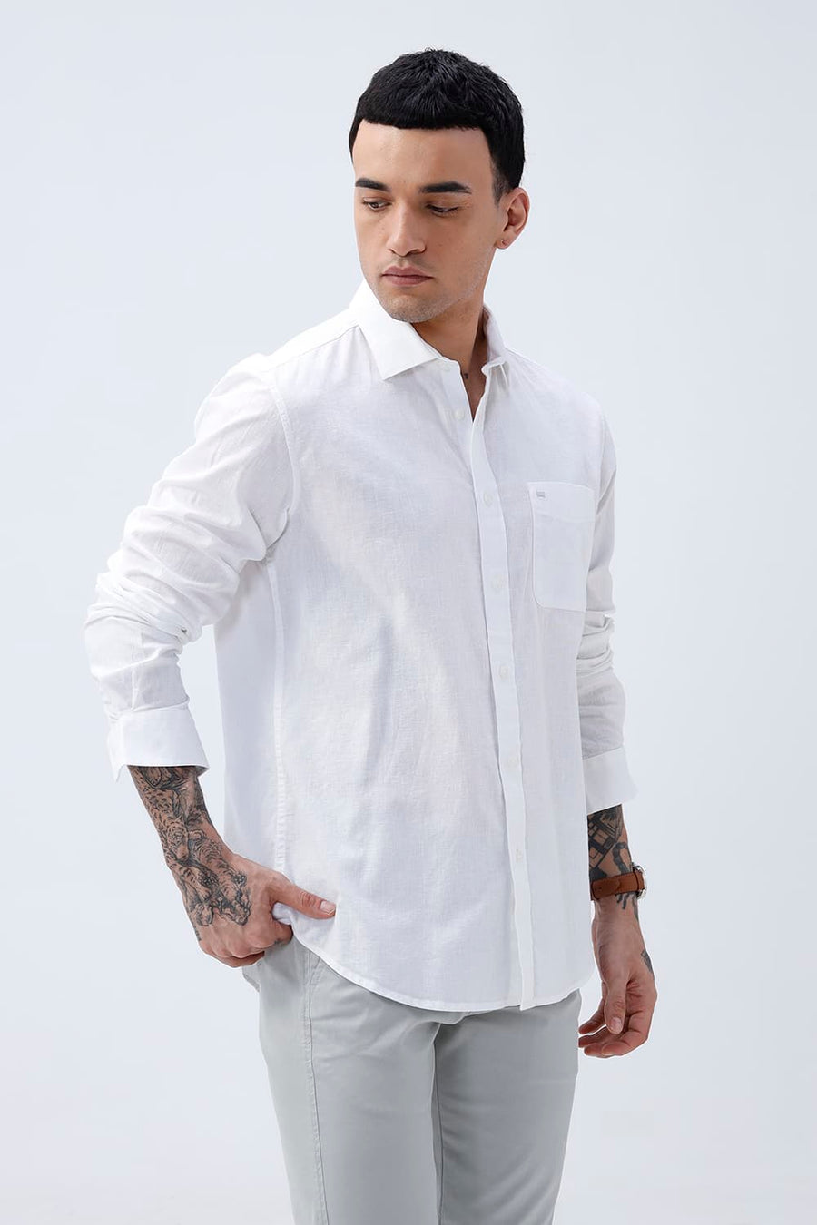 BASICS SLIM FIT LUCENT WHITE COTTON LINEN SHIRT