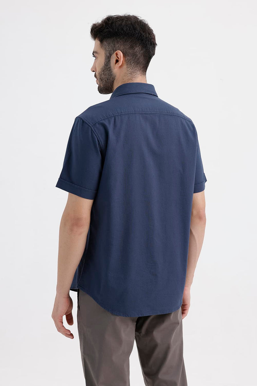 BASICS SLIM FIT MAJOLICA BLUE COTTON HOPSACK DOBBY HALFSLEEVES SHIRT