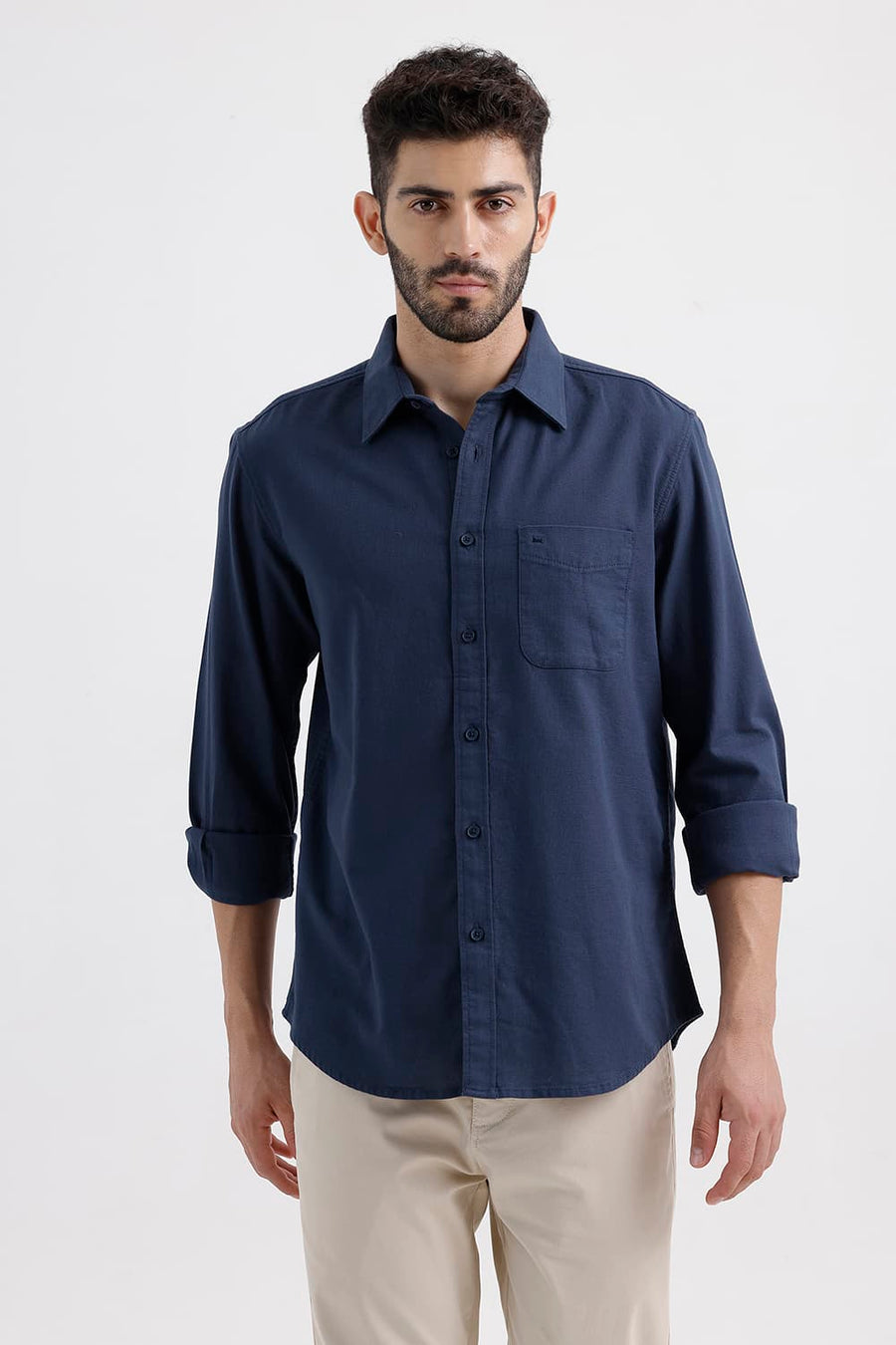 BASICS SLIM FIT MAJOLICA BLUE COTTON HOPSACK DOBBY SHIRT