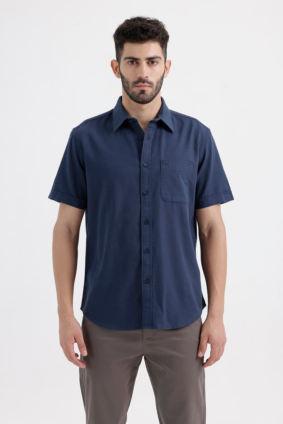 BASICS SLIM FIT MAJOLICA BLUE COTTON HOPSACK DOBBY HALFSLEEVES SHIRT