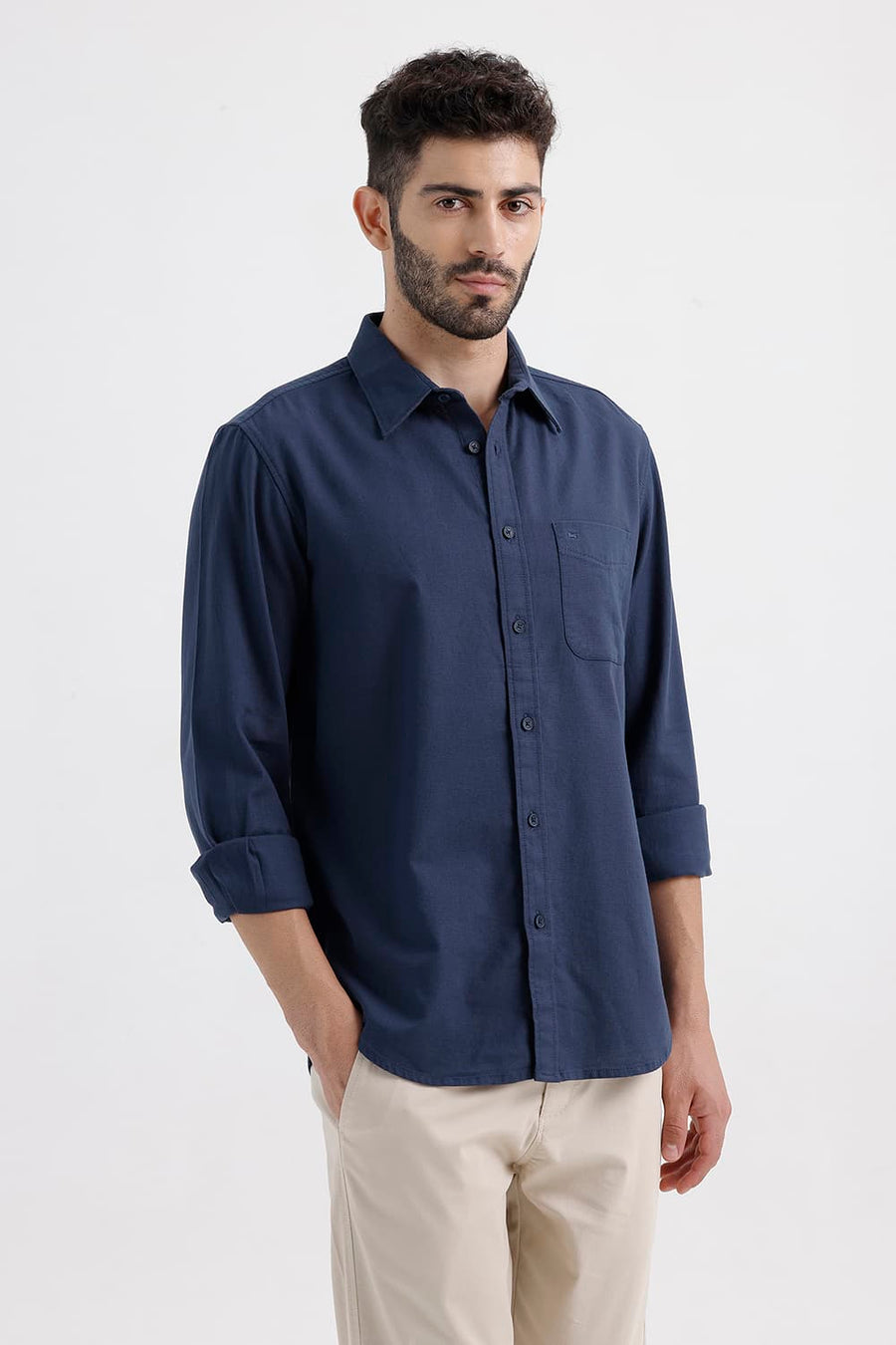 BASICS SLIM FIT MAJOLICA BLUE COTTON HOPSACK DOBBY SHIRT