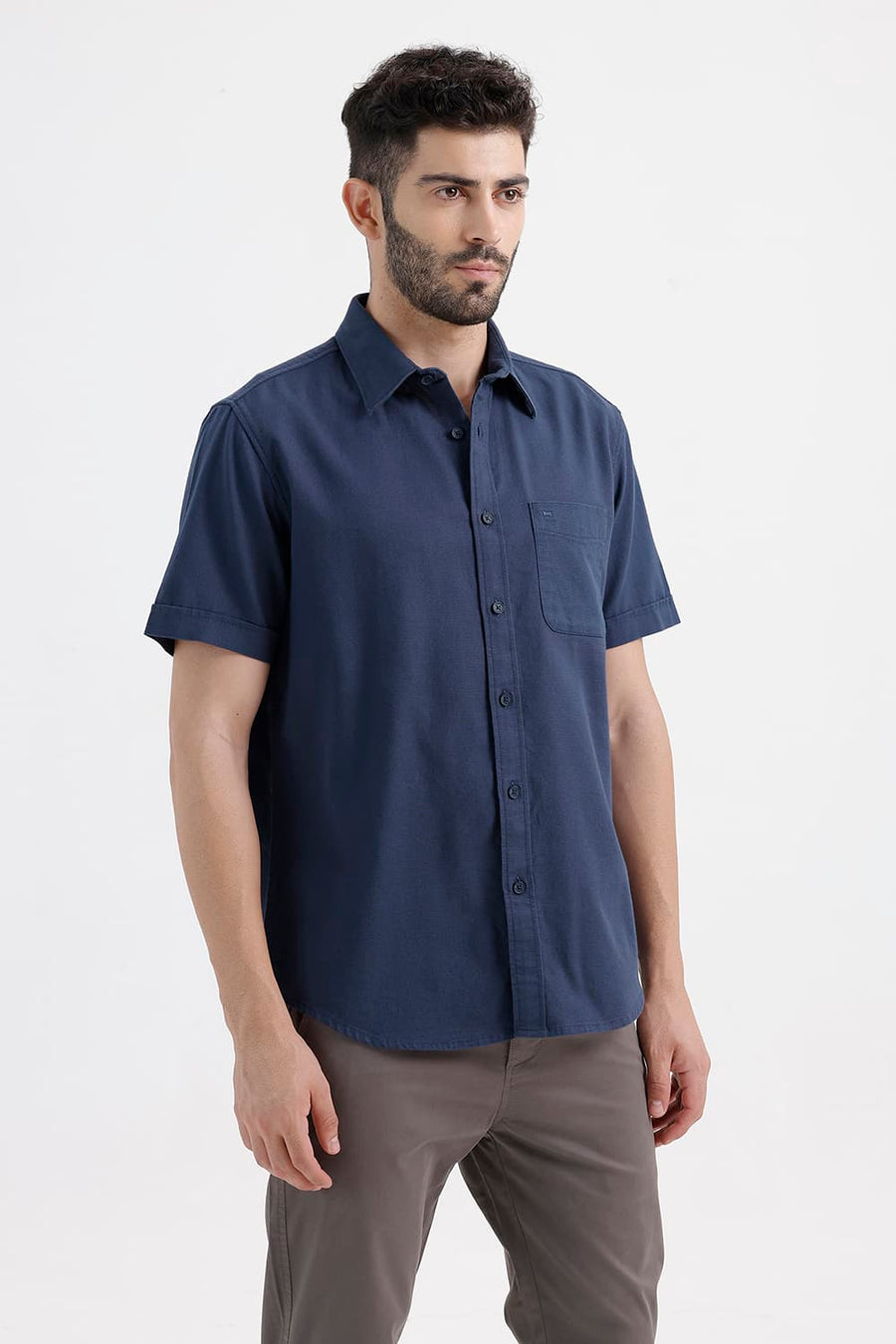 BASICS SLIM FIT MAJOLICA BLUE COTTON HOPSACK DOBBY HALFSLEEVES SHIRT