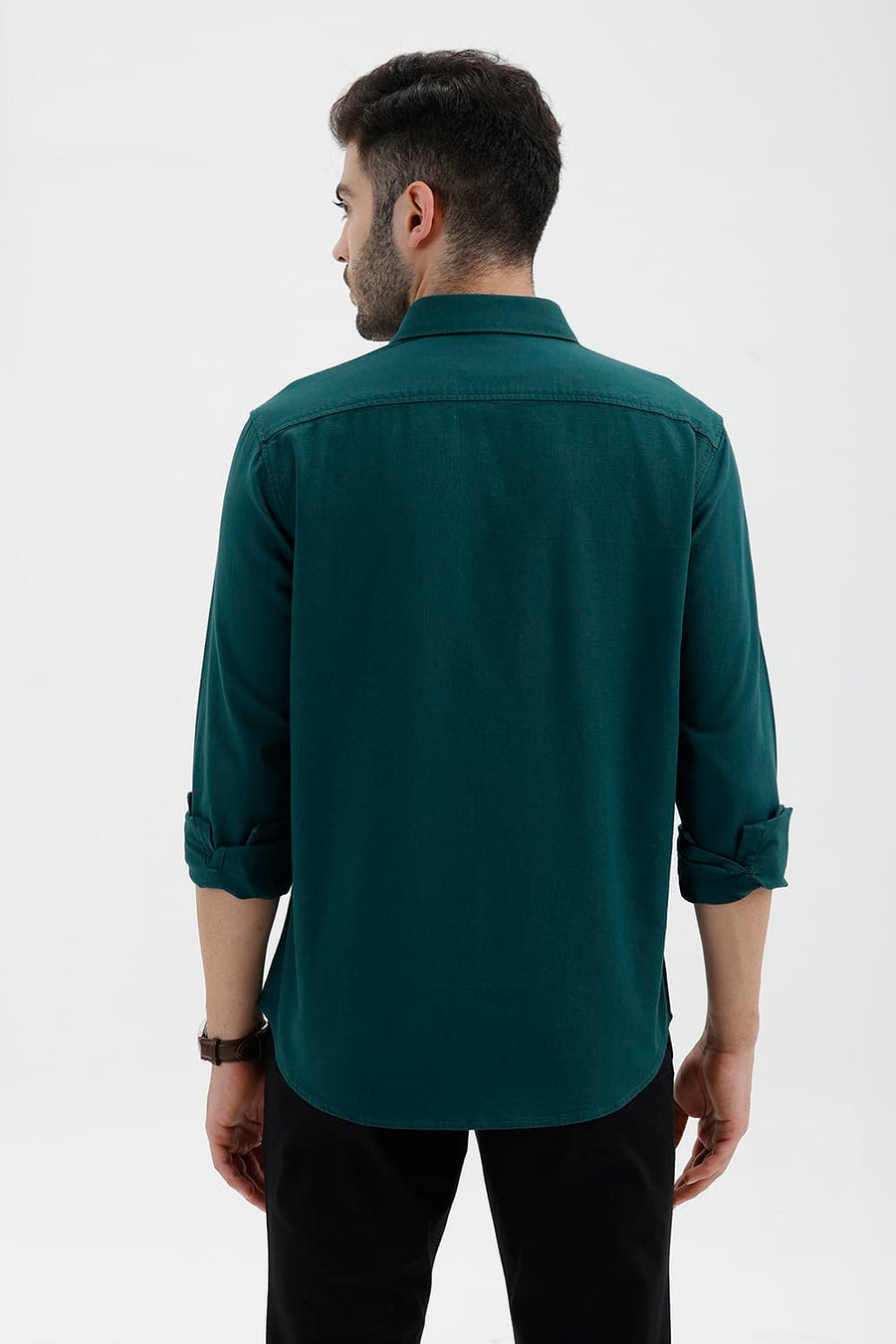 BASICS SLIM FIT DEEP TEAL COTTON HOPSACK DOBBY SHIRT