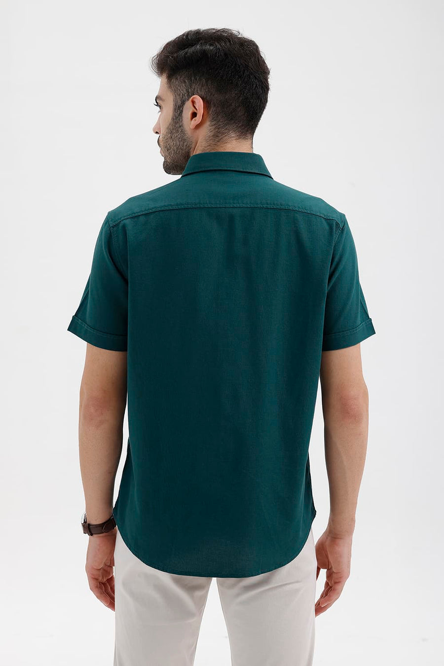 BASICS SLIM FIT DEEP TEAL COTTON HOPSACK DOBBY HALFSLEEVES SHIRT