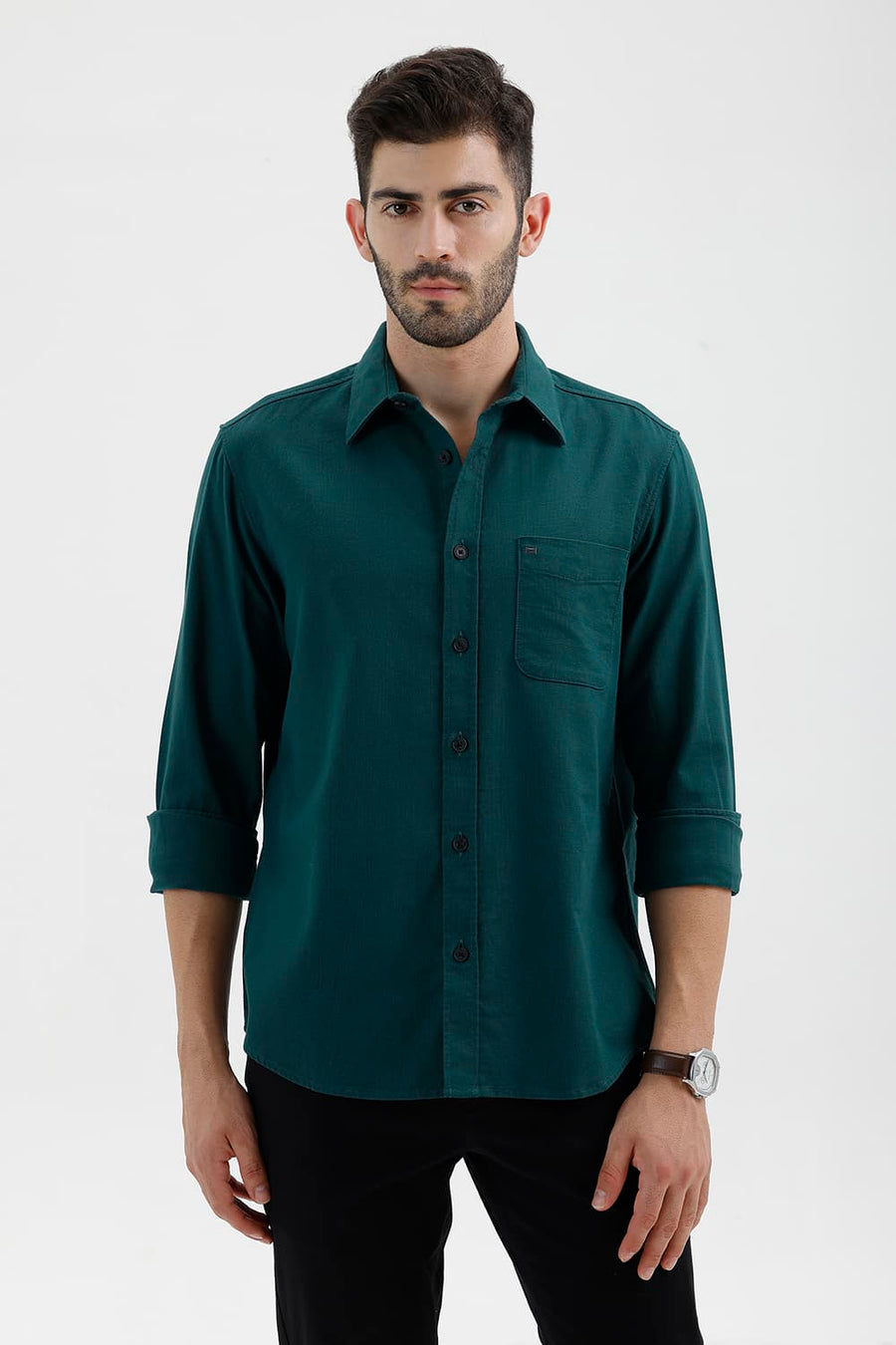 BASICS SLIM FIT DEEP TEAL COTTON HOPSACK DOBBY SHIRT