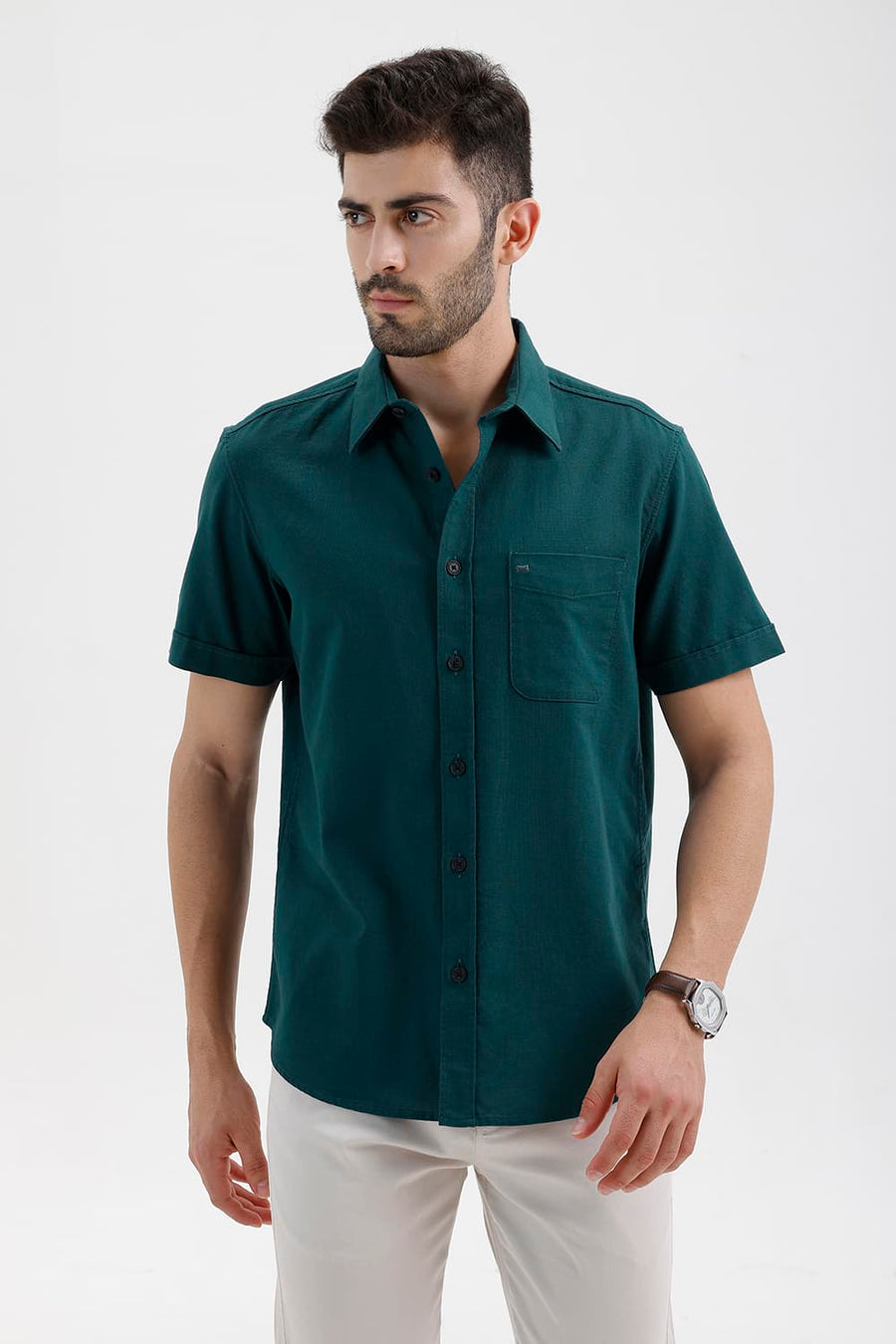 BASICS SLIM FIT DEEP TEAL COTTON HOPSACK DOBBY HALFSLEEVES SHIRT