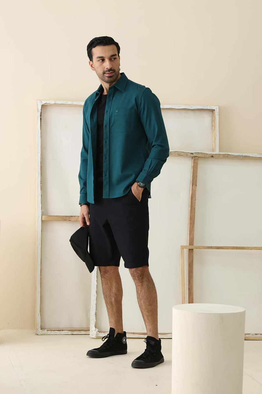Basics Slim Fit Deep Teal Cotton Hopsack Dobby Shirt