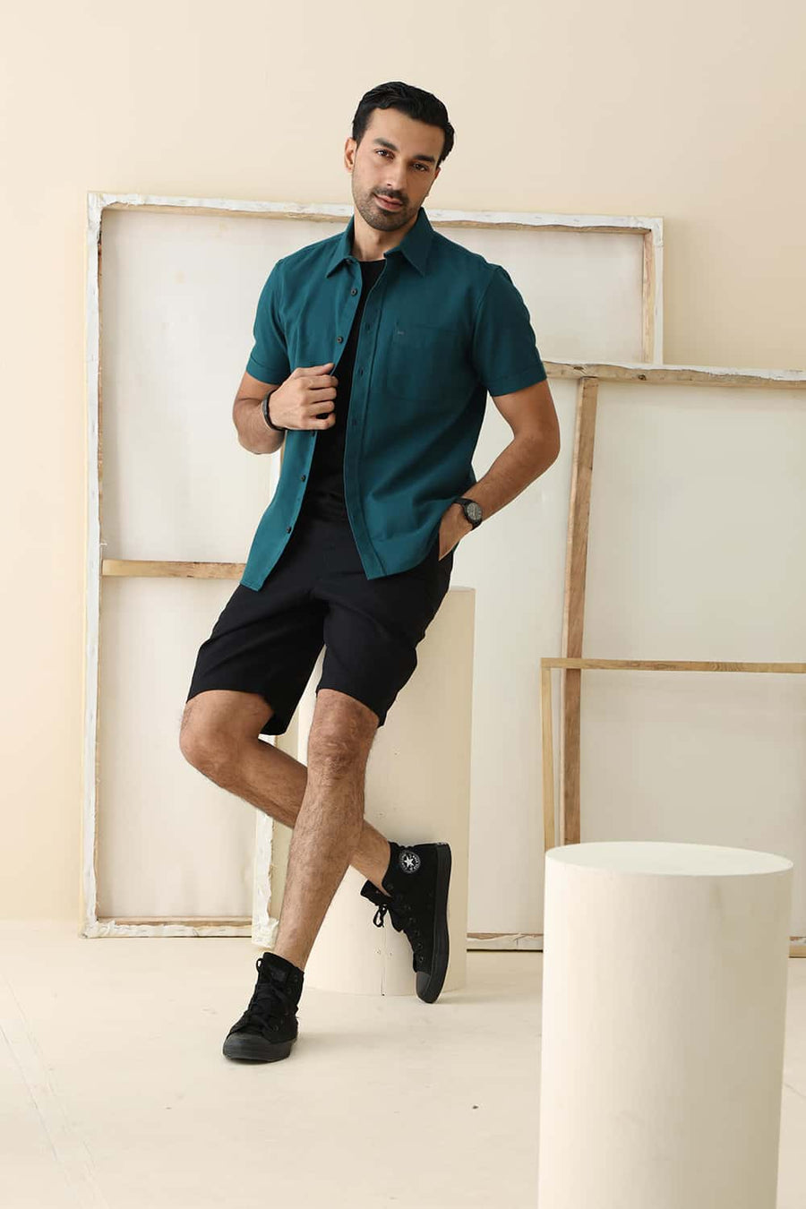 Basics Slim Fit Deep Teal Cotton Hopsack Dobby Halfsleeves Shirt