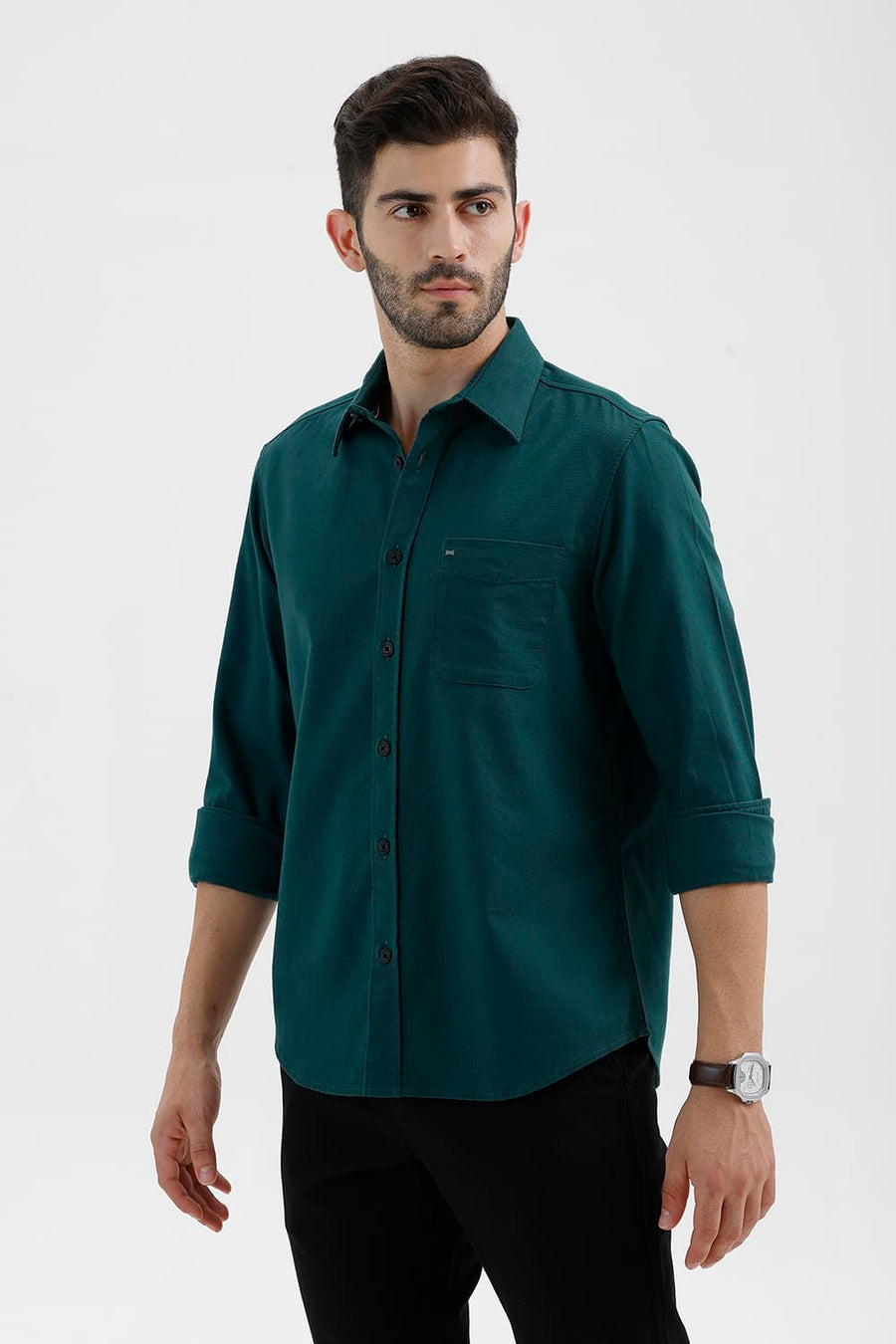 BASICS SLIM FIT DEEP TEAL COTTON HOPSACK DOBBY SHIRT