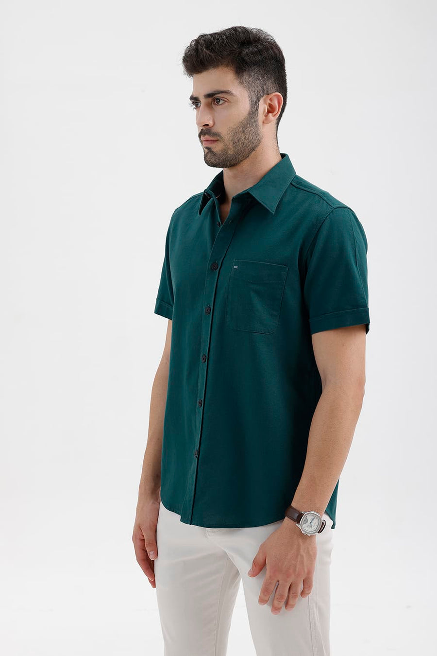 BASICS SLIM FIT DEEP TEAL COTTON HOPSACK DOBBY HALFSLEEVES SHIRT