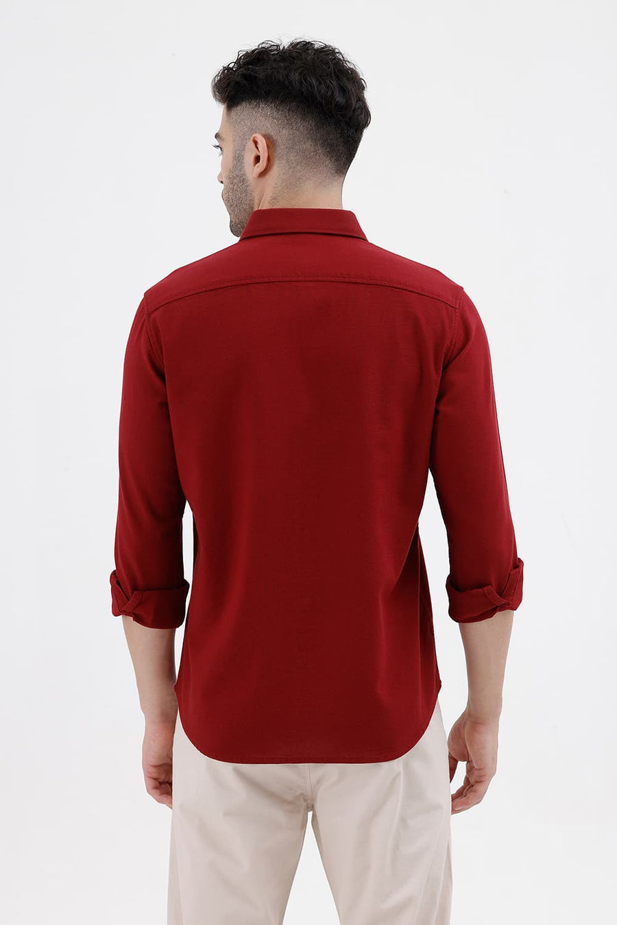 BASICS SLIM FIT CABERNET RED COTTON HOPSACK DOBBY SHIRT
