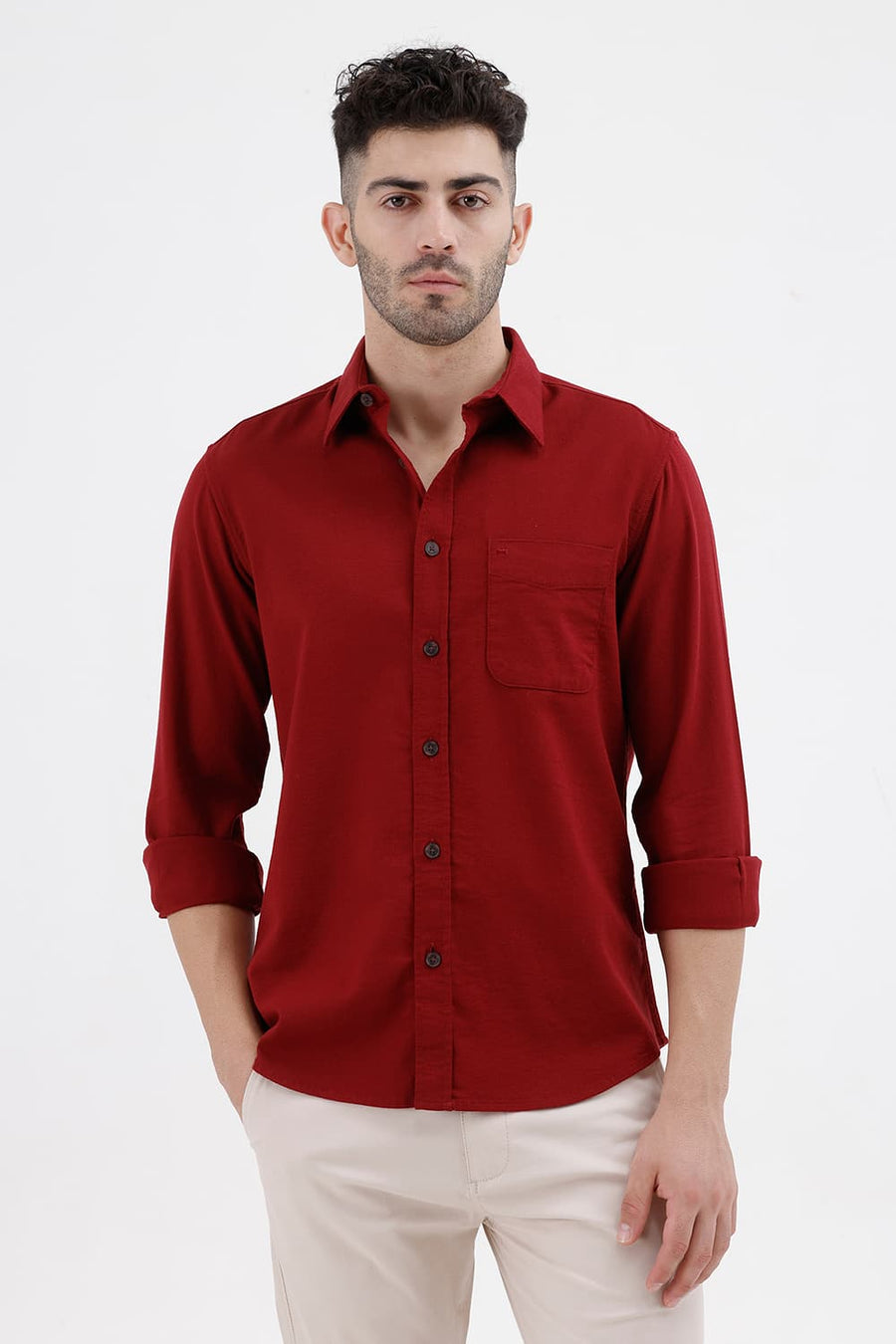 BASICS SLIM FIT CABERNET RED COTTON HOPSACK DOBBY SHIRT