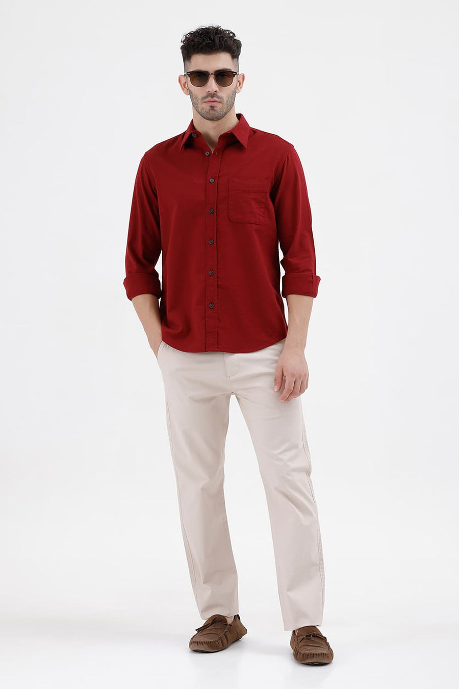 BASICS SLIM FIT CABERNET RED COTTON HOPSACK DOBBY SHIRT