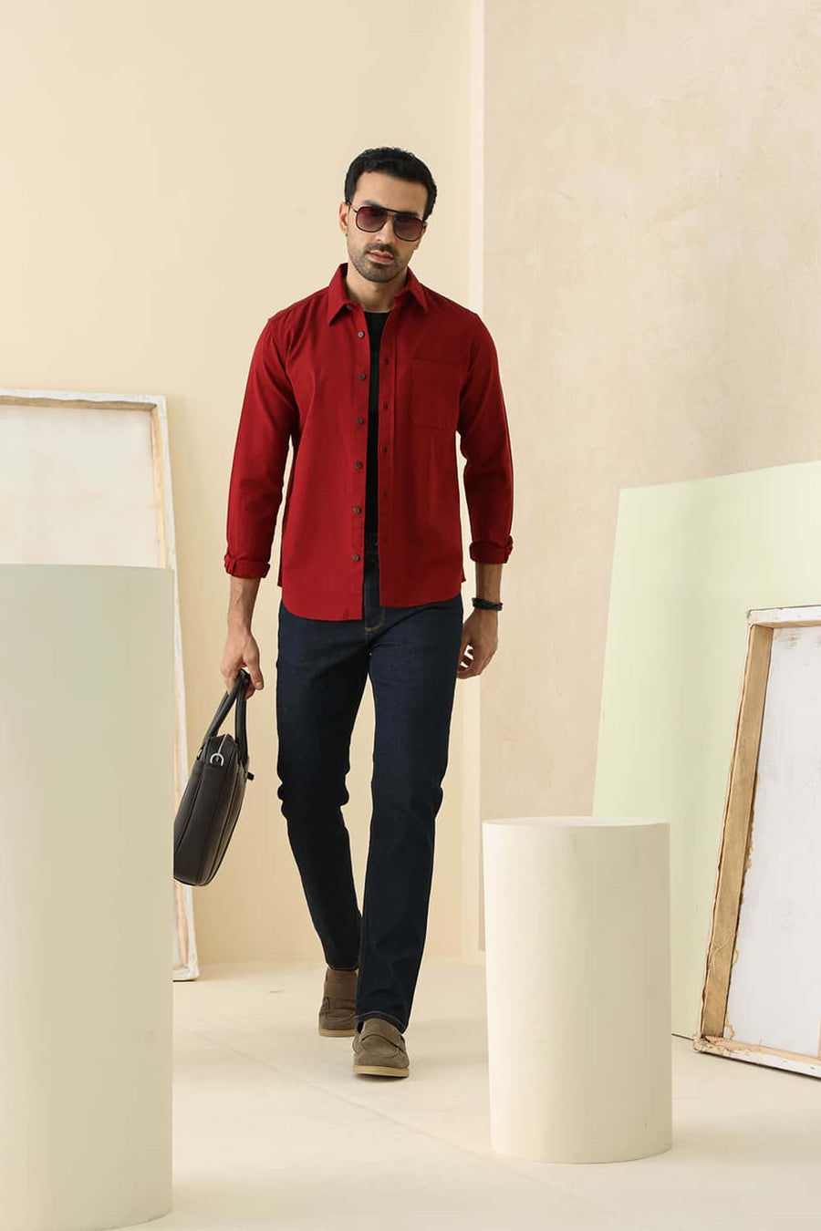 Basics Slim Fit Cabernet Red Cotton Hopsack Dobby Shirt