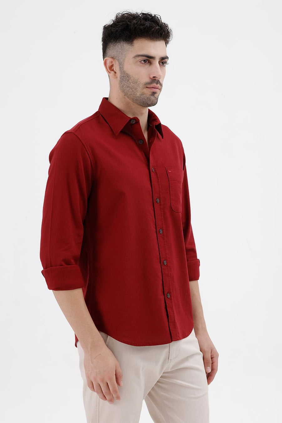 BASICS SLIM FIT CABERNET RED COTTON HOPSACK DOBBY SHIRT