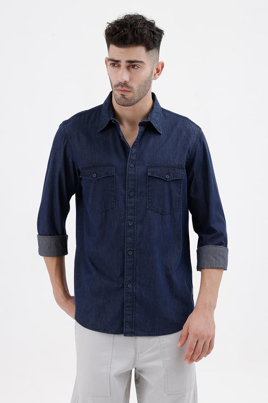 BASICS SLIM FIT SPACE BLUE COTTON INDIGO SHIRT
