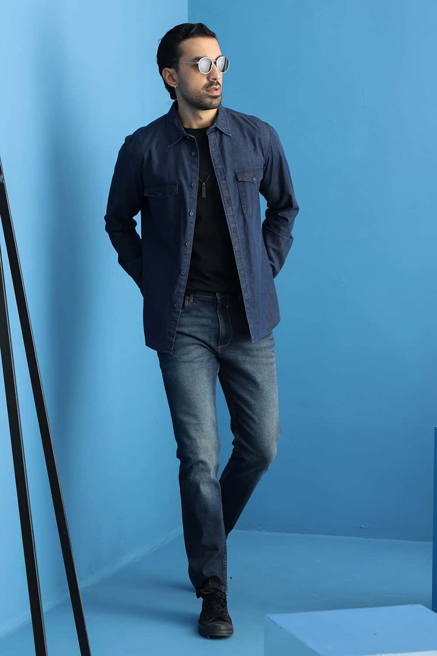 Basics Slim Fit Space Blue Cotton Indigo Shirt