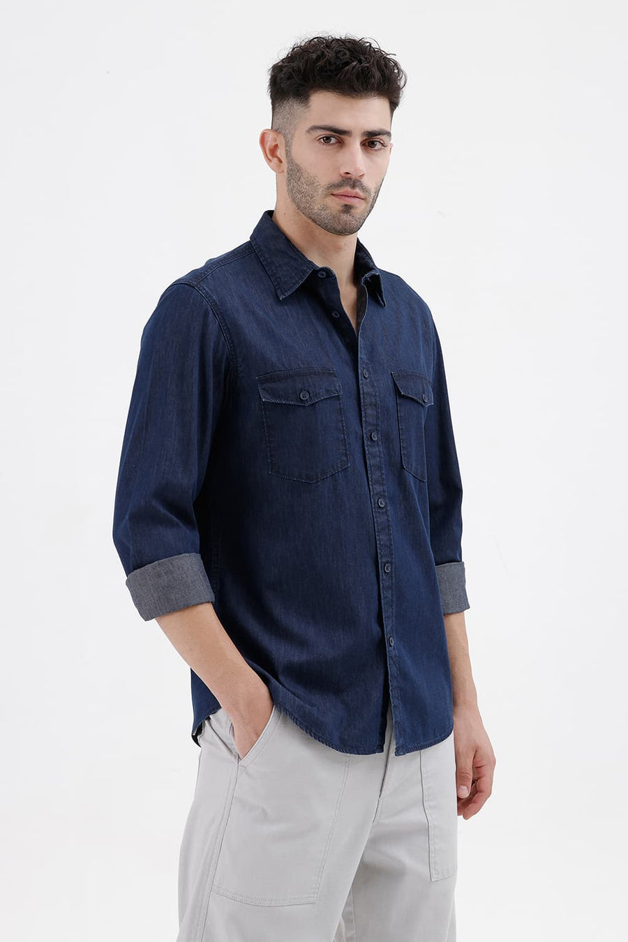 BASICS SLIM FIT SPACE BLUE COTTON INDIGO SHIRT