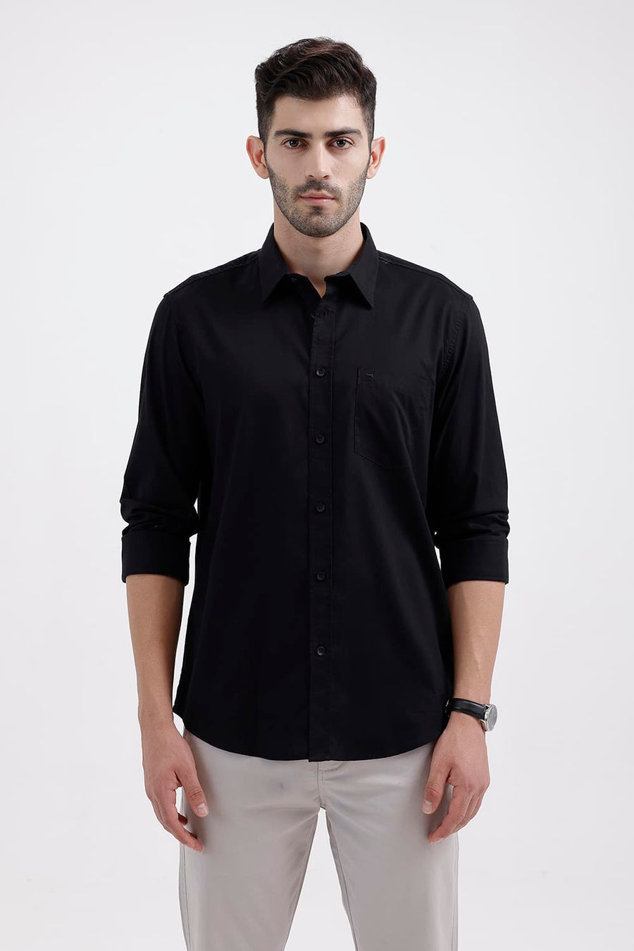 BASICS SLIM FIT VULCAN BLACK COTTON OXFORD SHIRT