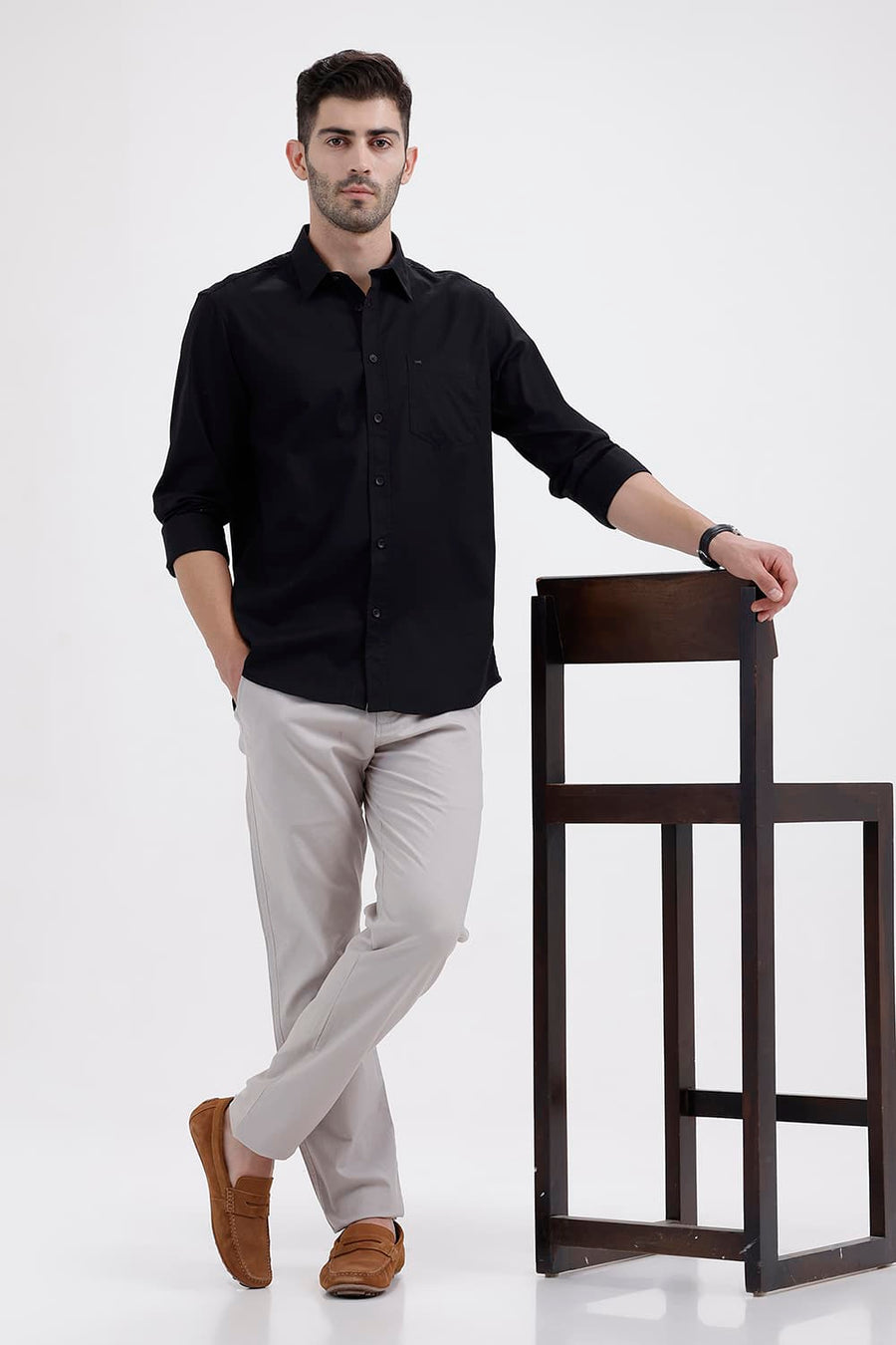 BASICS SLIM FIT VULCAN BLACK COTTON OXFORD SHIRT