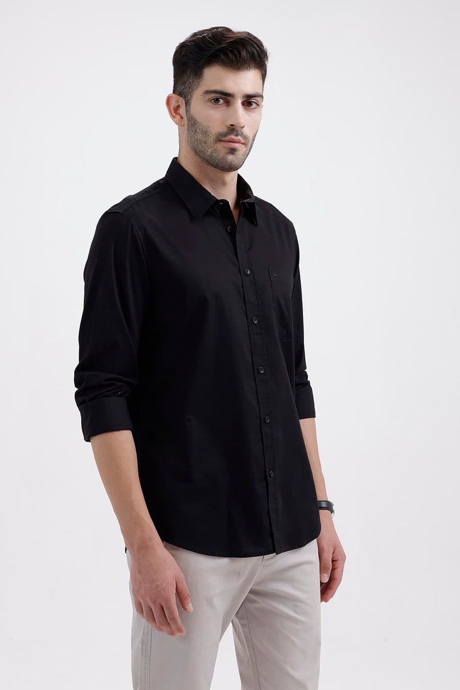 BASICS SLIM FIT VULCAN BLACK COTTON OXFORD SHIRT