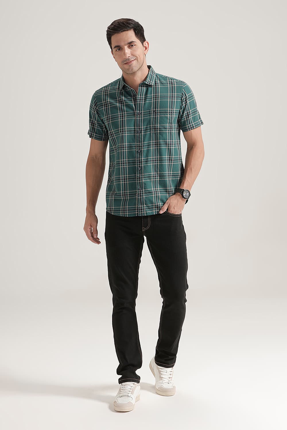 SLIM FIT TWILL CHECKS HALFSLEEVES SHIRT